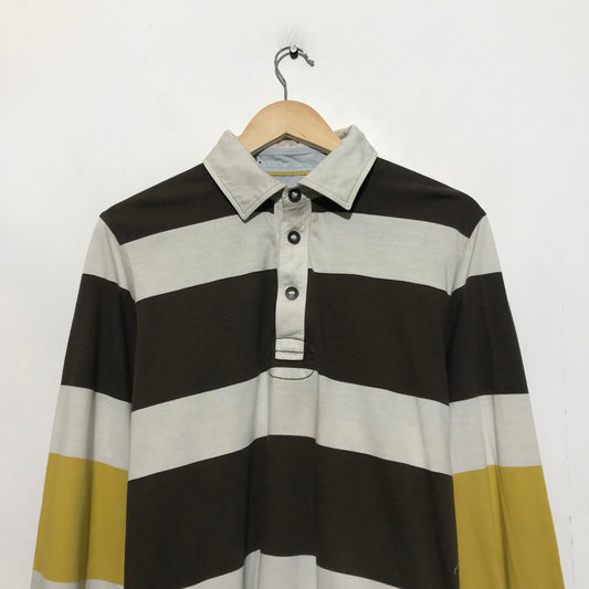 Vintage 00s Brown Striped Hugo Boss Long Sleeve Polo Shirt - Medium