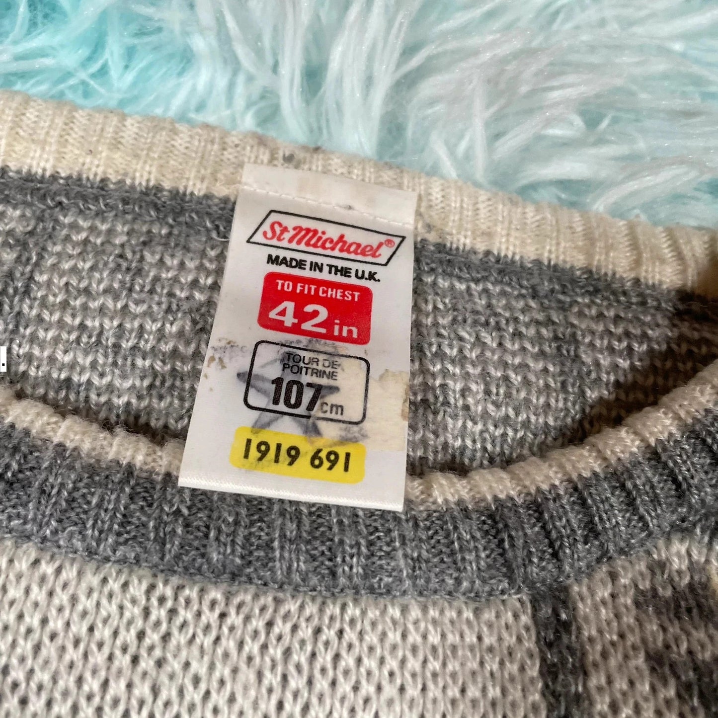 Vintage 90s Grey & Cream Grunge Patterned Knitted Jumper - Large