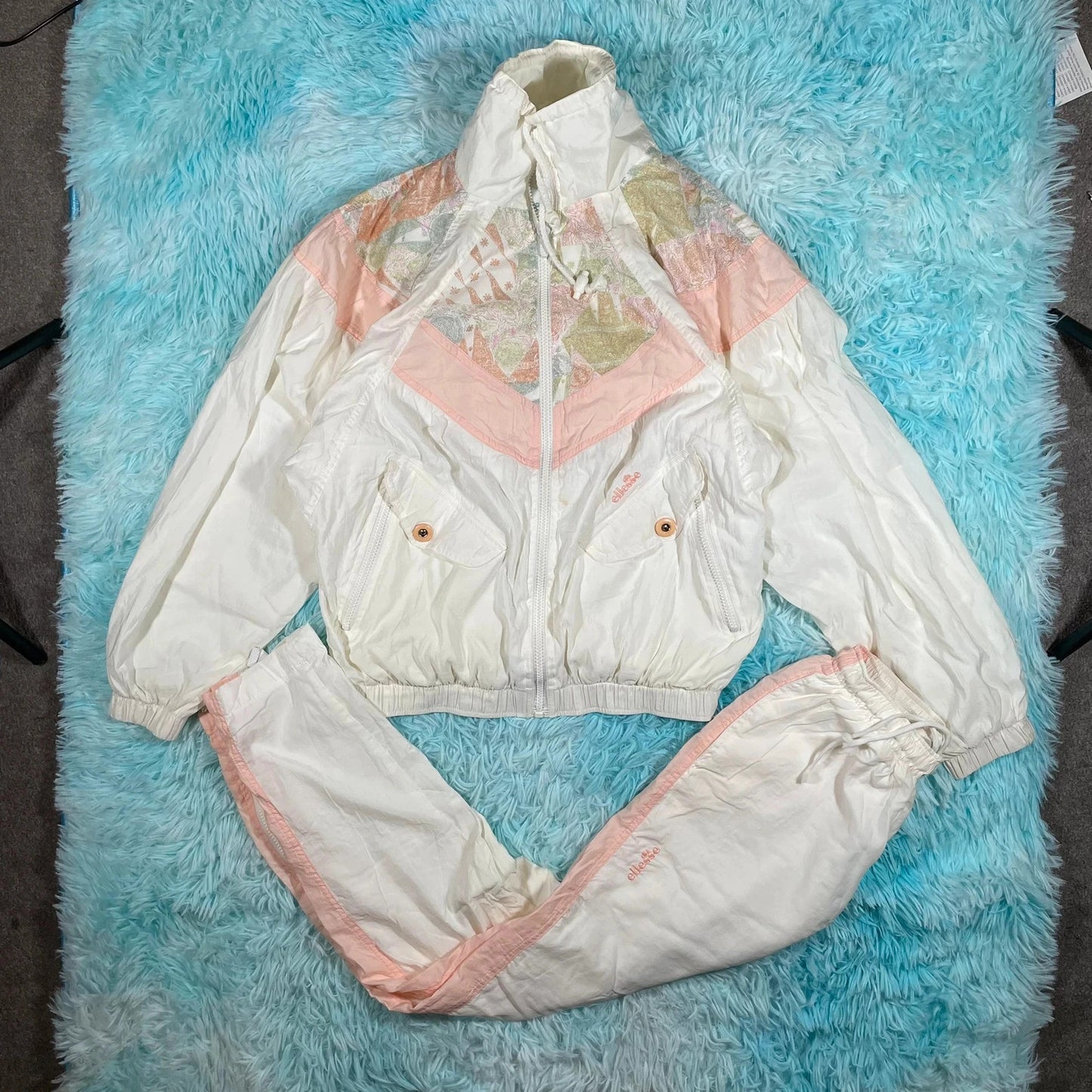 Vintage 80s White & Peach Retro Ellesse Shell Tracksuit Set - Medium