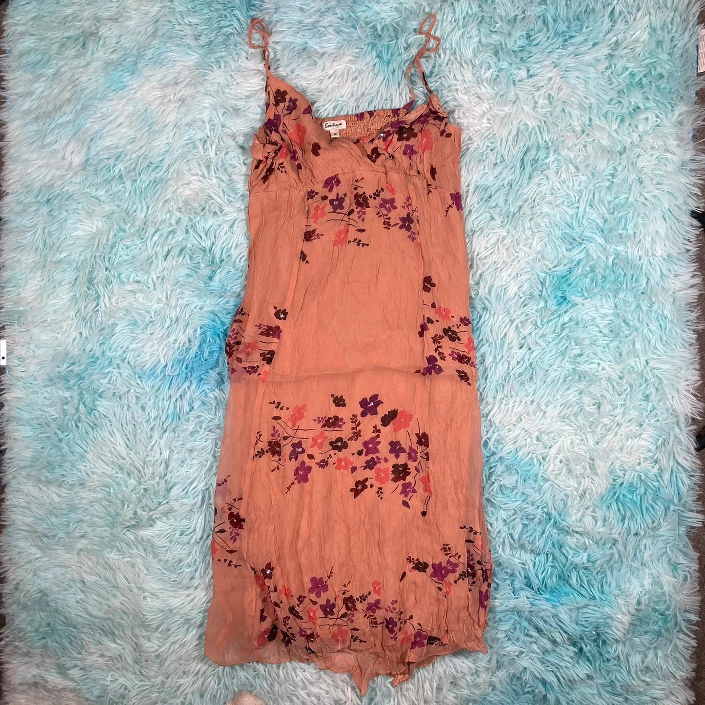 Vintage Peach Floral Summer Dress - Size 12