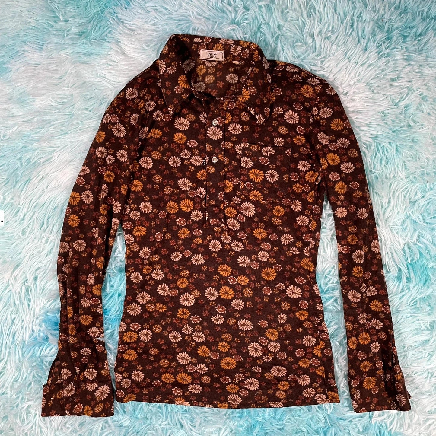 Vintage 70s Brown Floral Shirt Tergal New Man - Size 8