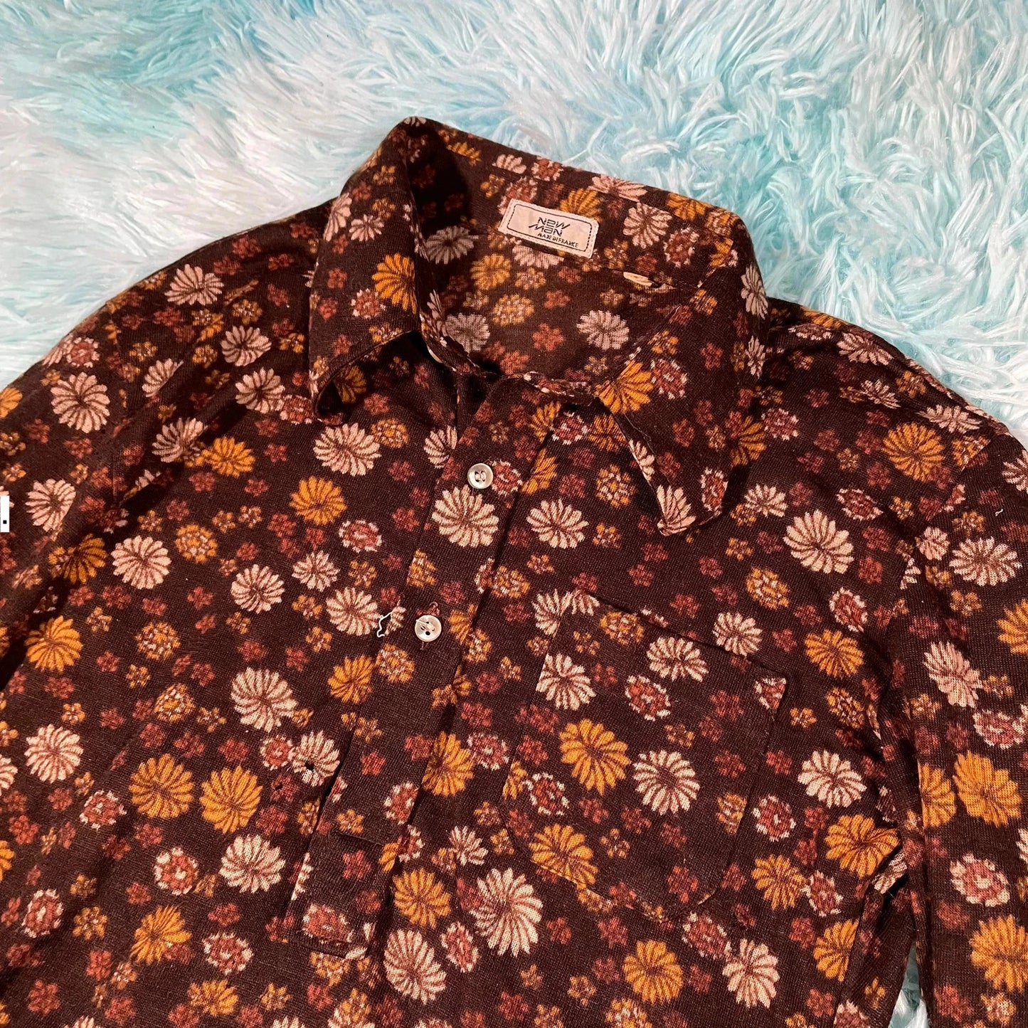 Vintage 70s Brown Floral Shirt Tergal New Man - Size 8