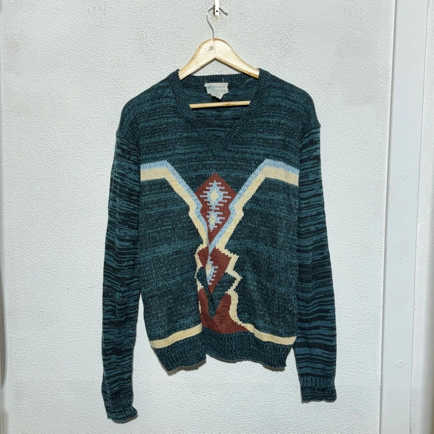 Vintage 80s Navy Aztec patterned Knitted Jumper - Large