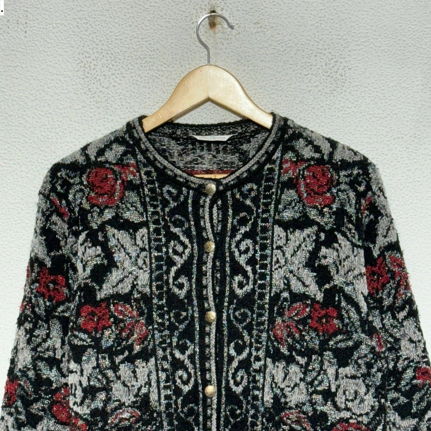 Vintage 80s Black Floral Patterned Knitted Cardigan
