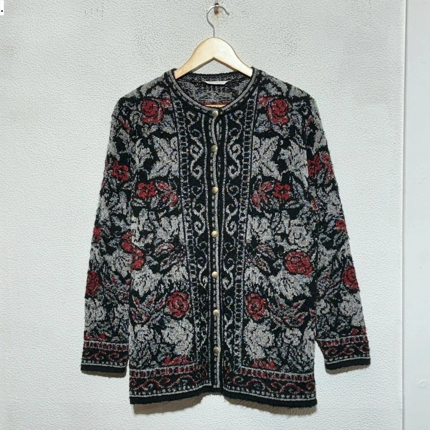 Vintage 80s Black Floral Patterned Knitted Cardigan