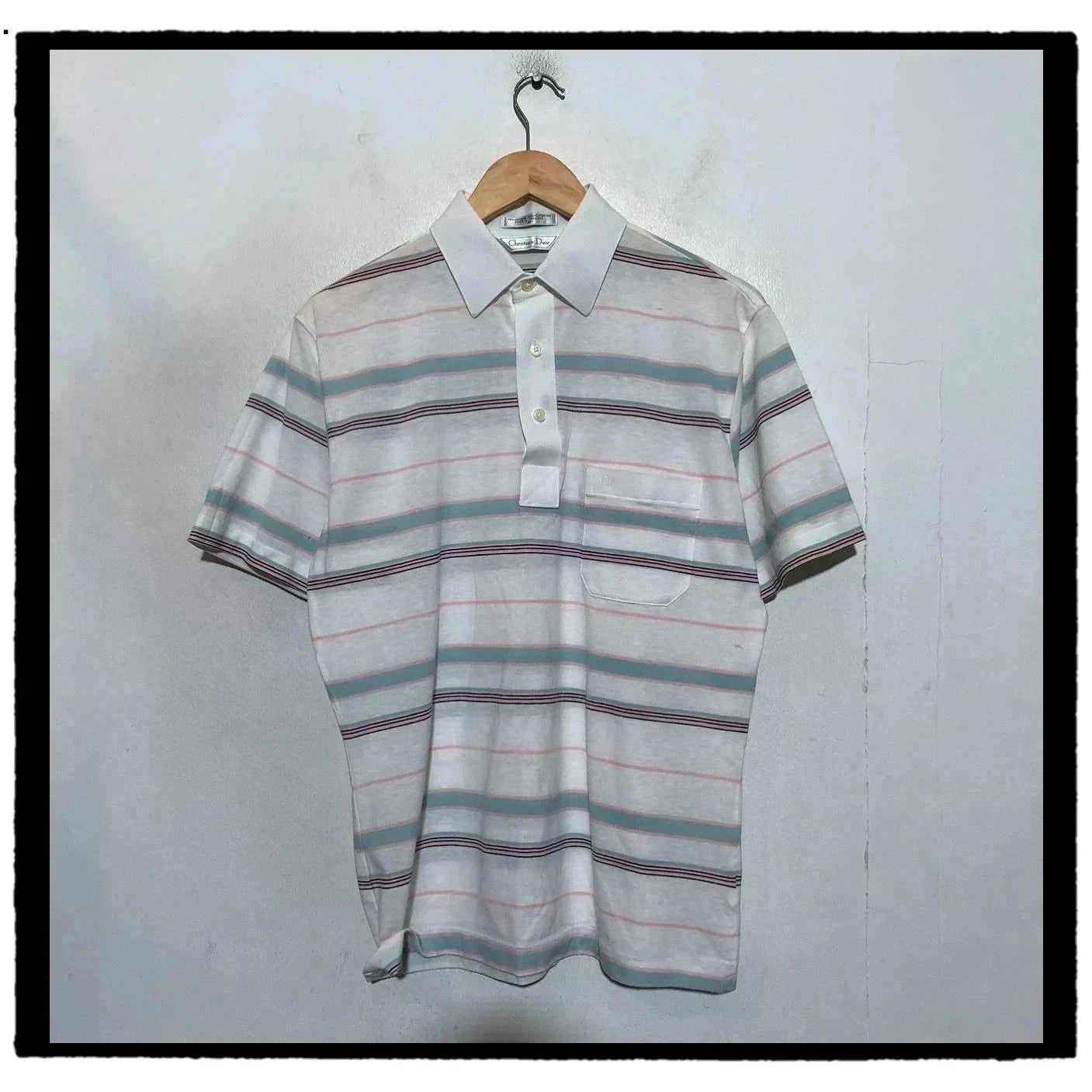 Vintage 80s White & Blue Striped Christian Dior Polo Shirt - Medium