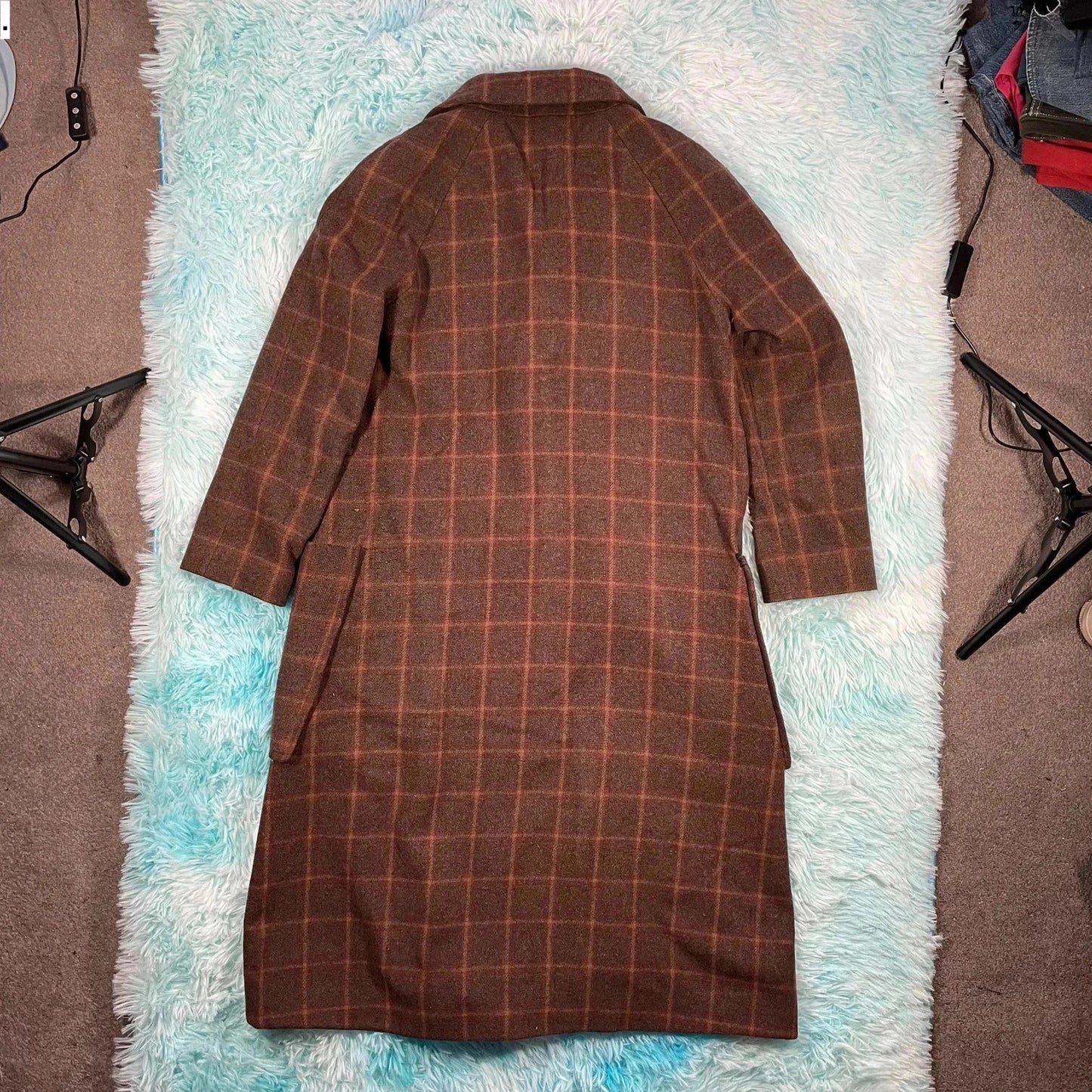 Brown Chequered Paris Atelier Wool Long Coat - Size 6