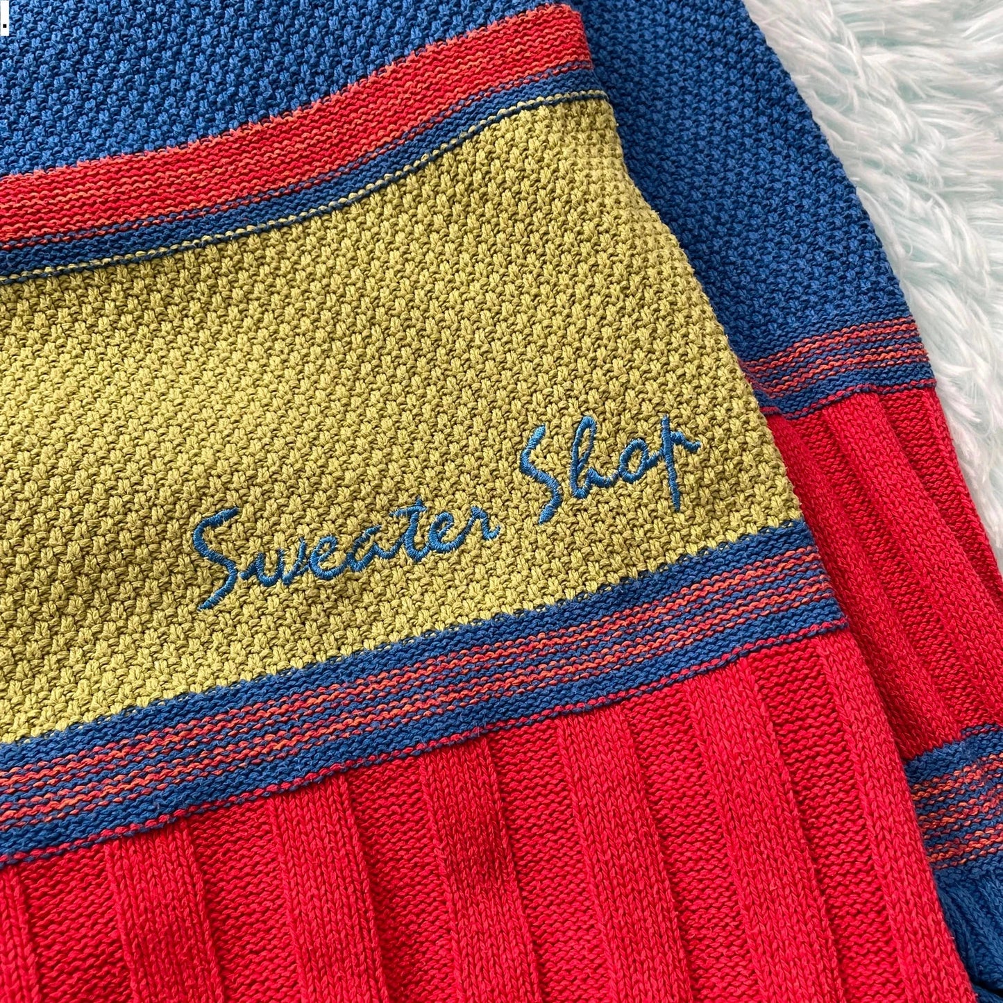 Vintage 90s Blue & Green Sweater Shop Knitted Jumper - Large