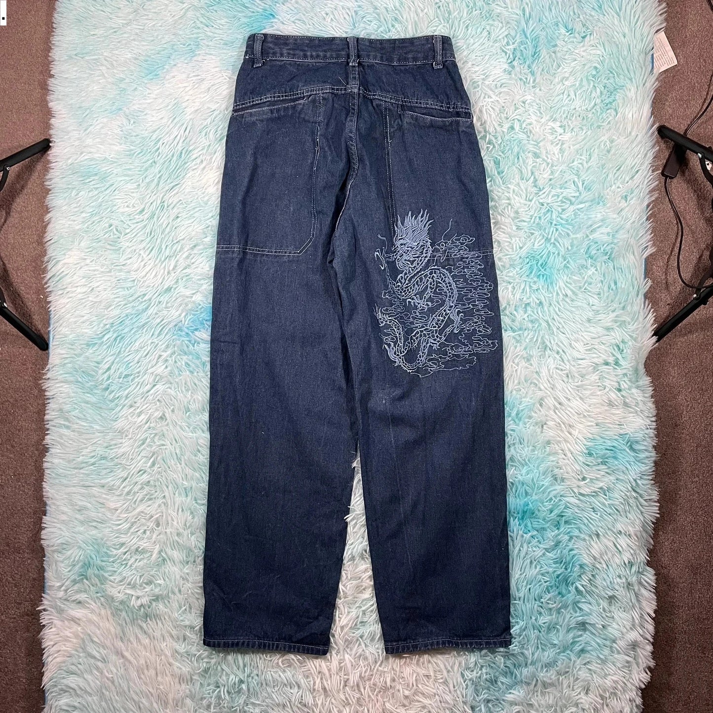 Vintage Navy Dragon Embroidered Jeans - Large