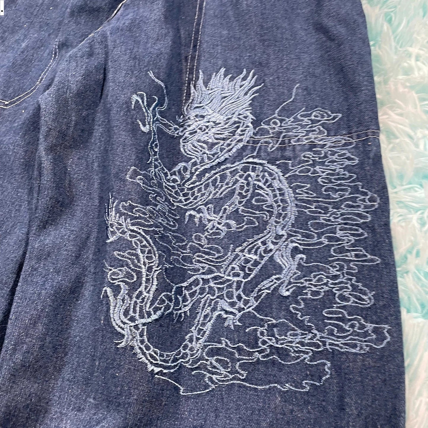 Vintage Navy Dragon Embroidered Jeans - Large