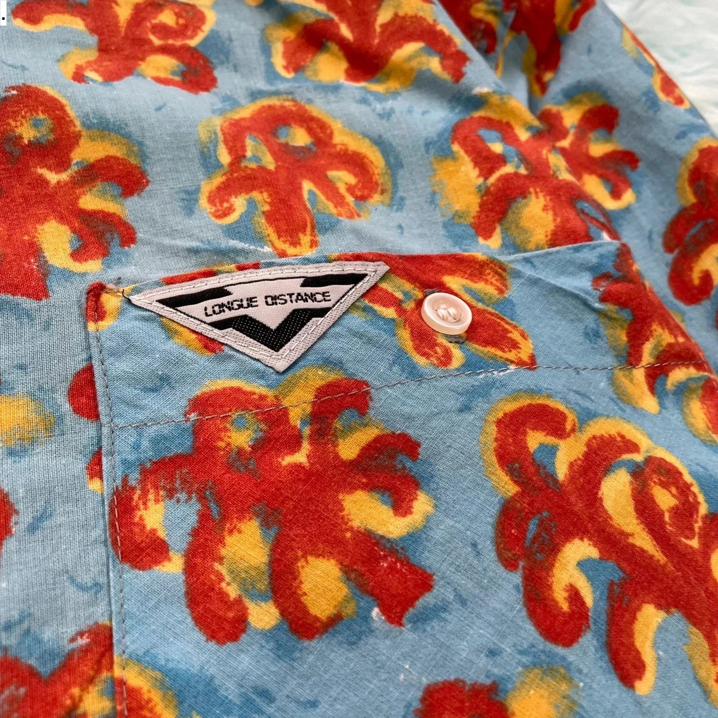 Vintage 80s Blue Patterned French Shirt - Large