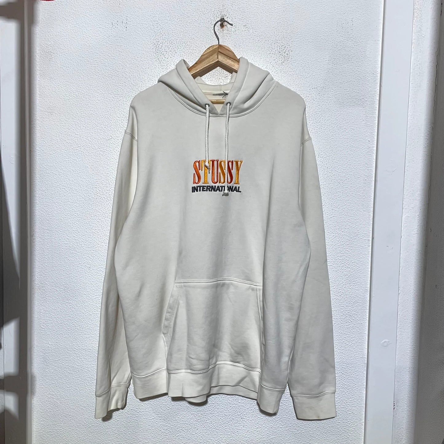 Cream White Stussy Hoodie Spellout - XL