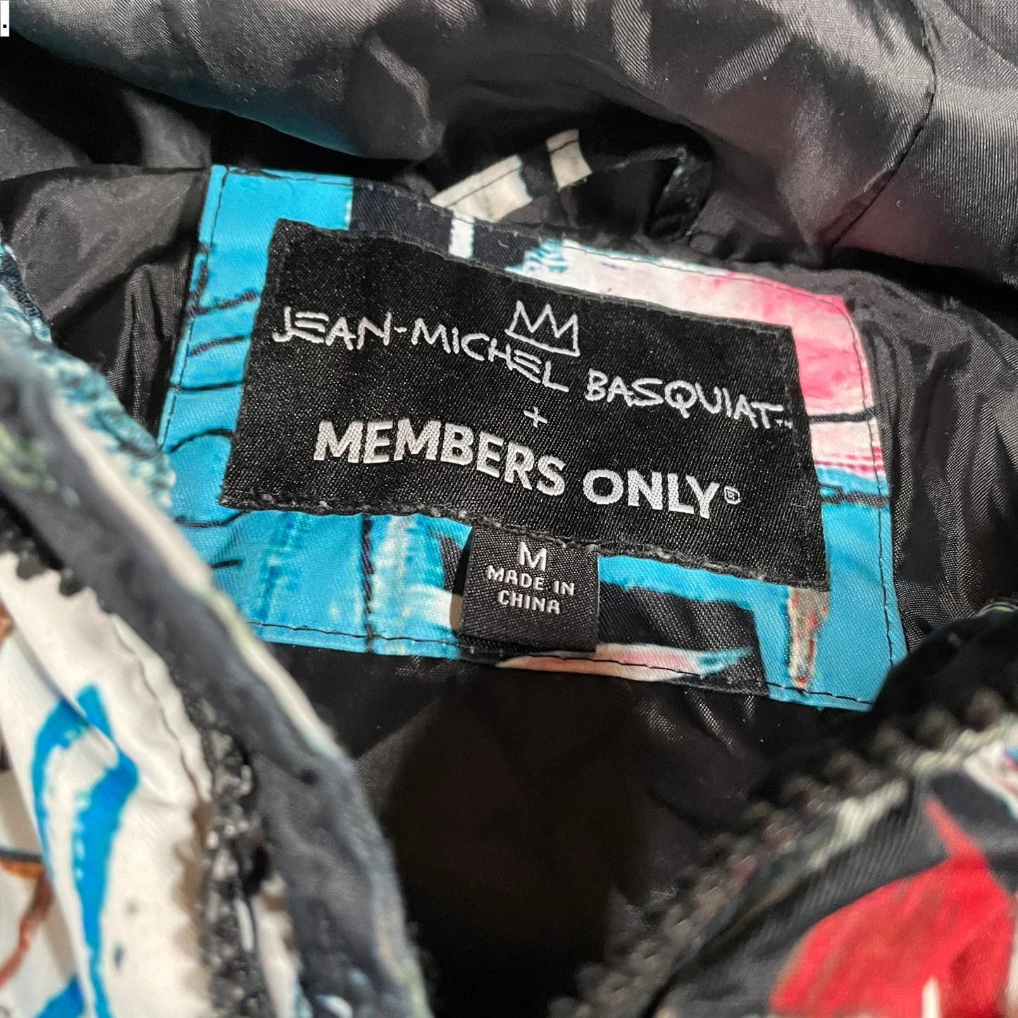 Black Patterned Members Only Jean-Michel Basquiet Puffer Jacket - Medium