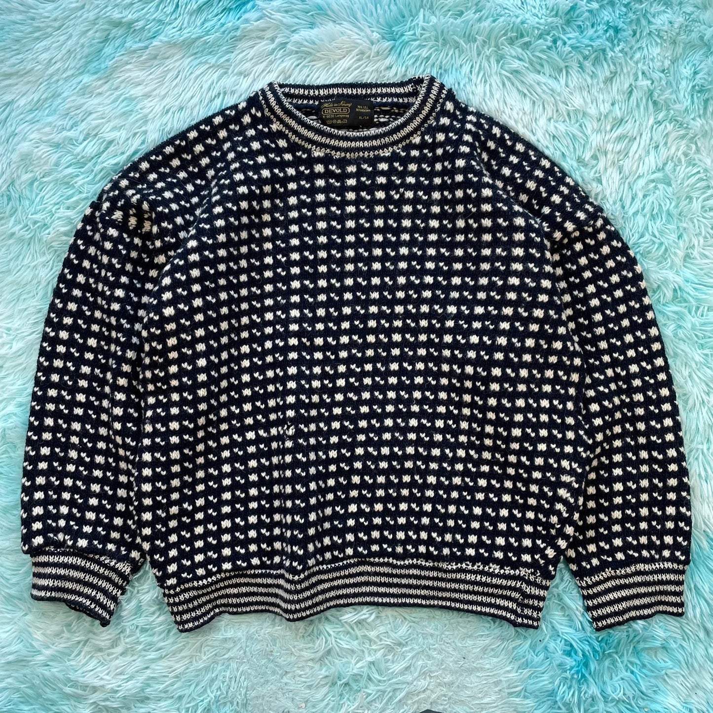 Vintage 90s Navy & White Norwegian Knitted Jumper - XL