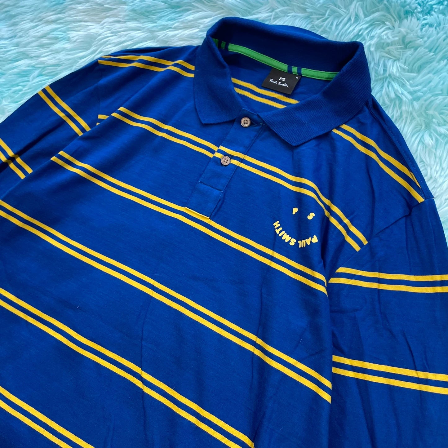 Blue & Yellow Striped Paul Smith Polo Shirt Long Sleeve - Medium