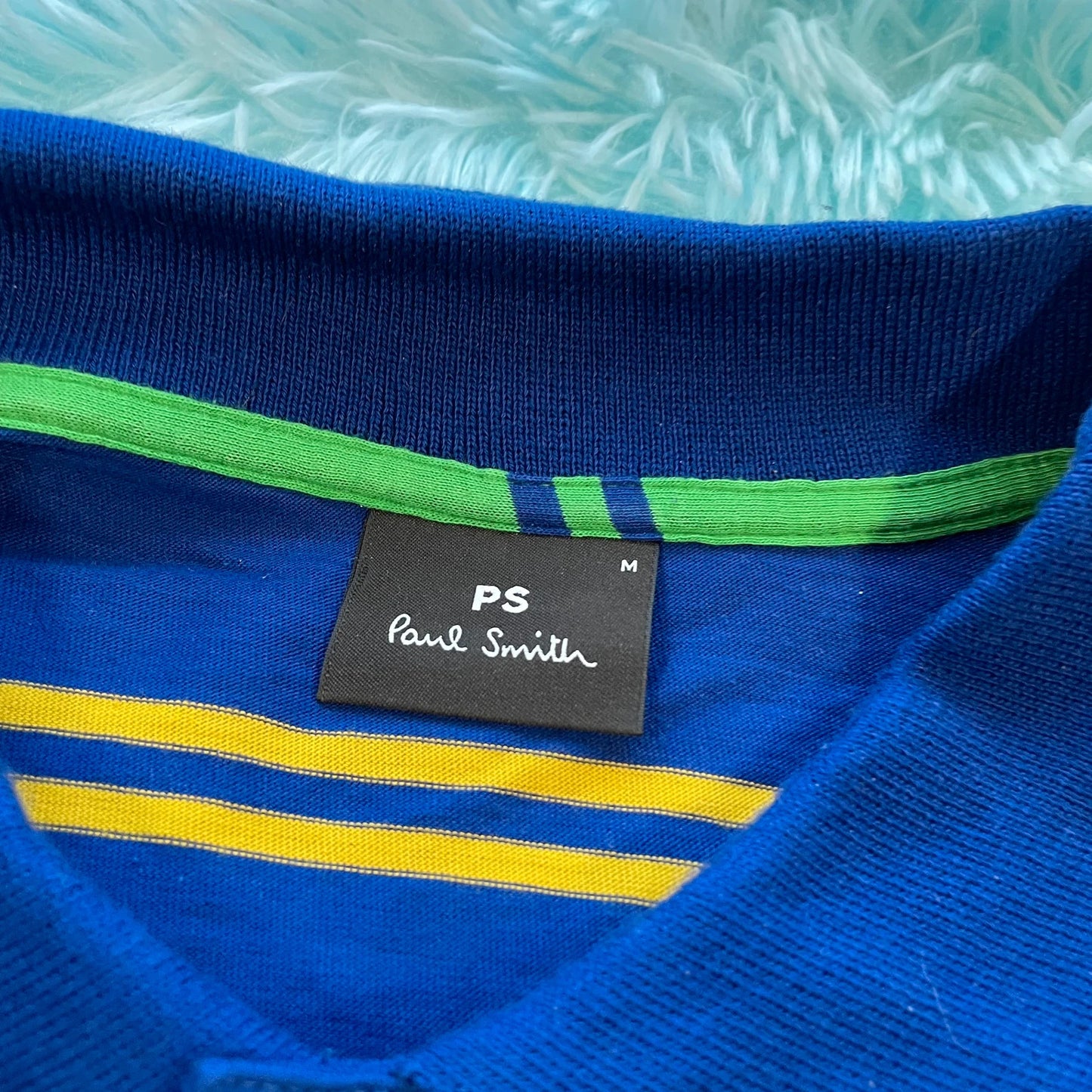 Blue & Yellow Striped Paul Smith Polo Shirt Long Sleeve - Medium