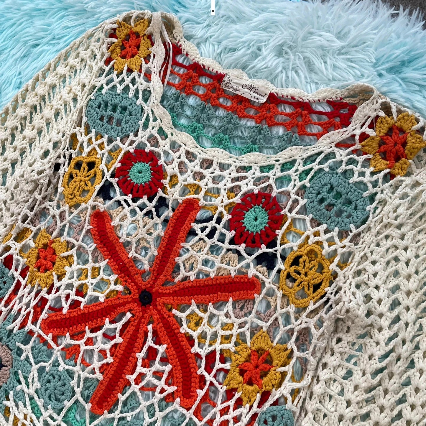 Vintage Floral Crochet Knit Jumper - Small