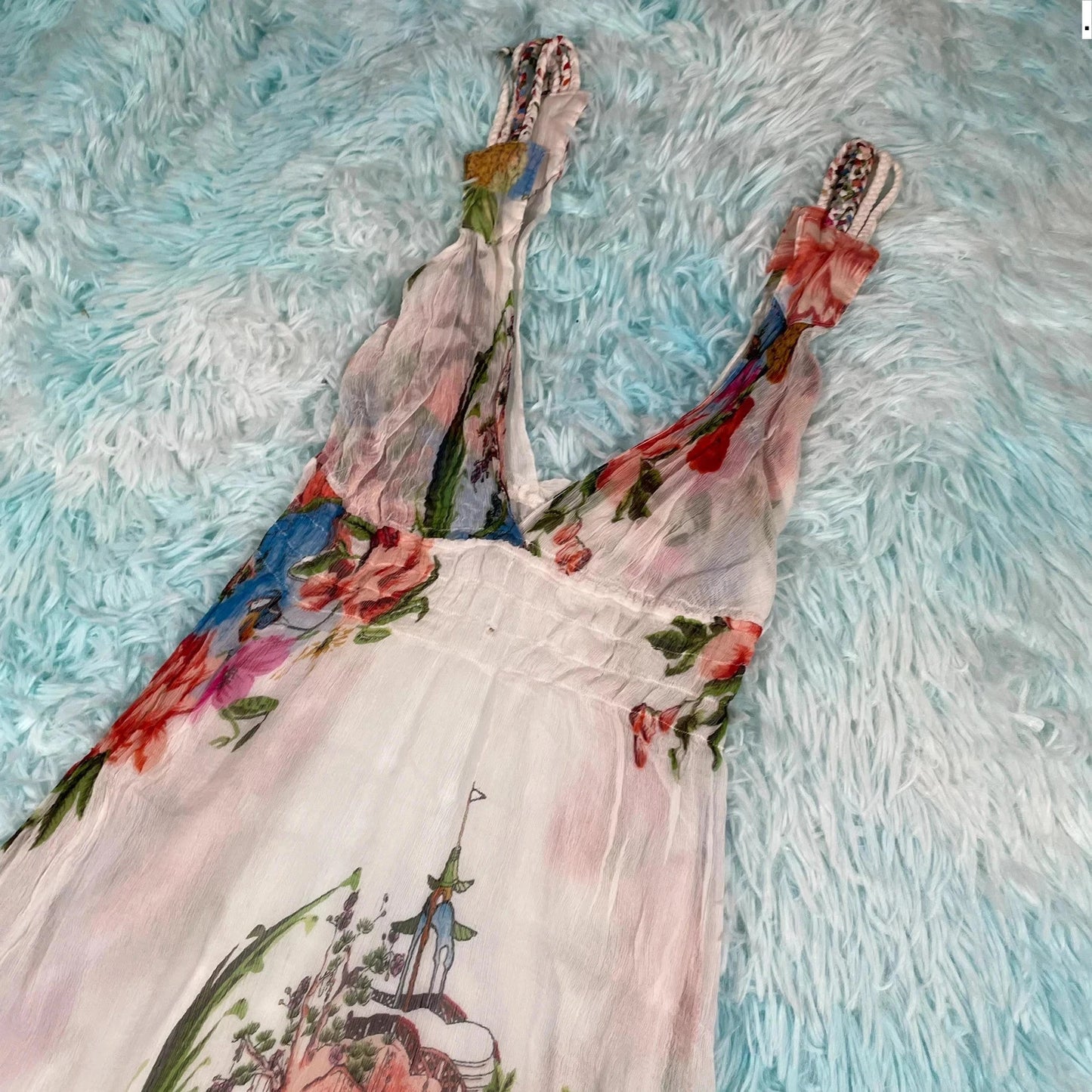 Vintage 90s white Patterned Silk Summer Dress