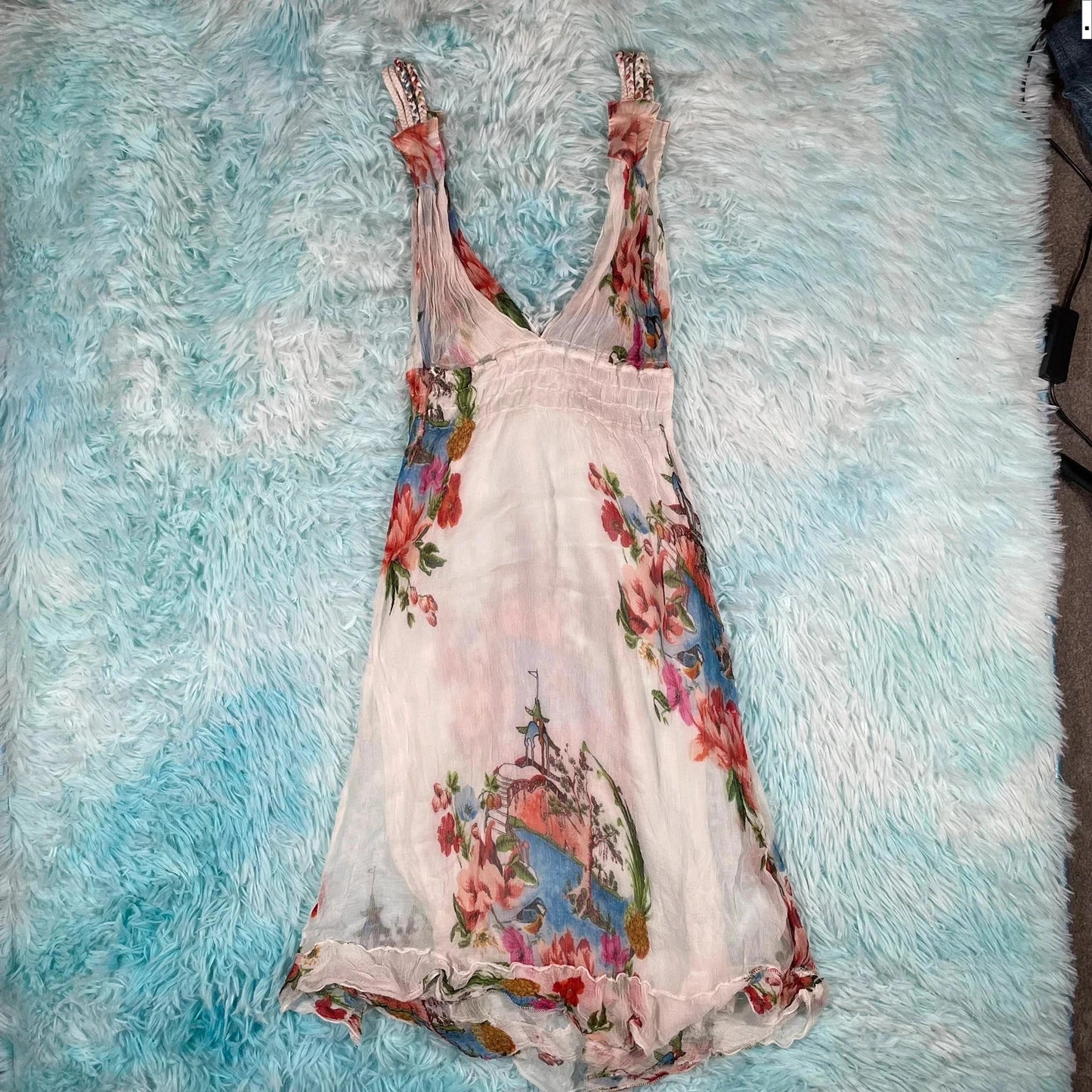 Vintage 90s white Patterned Silk Summer Dress