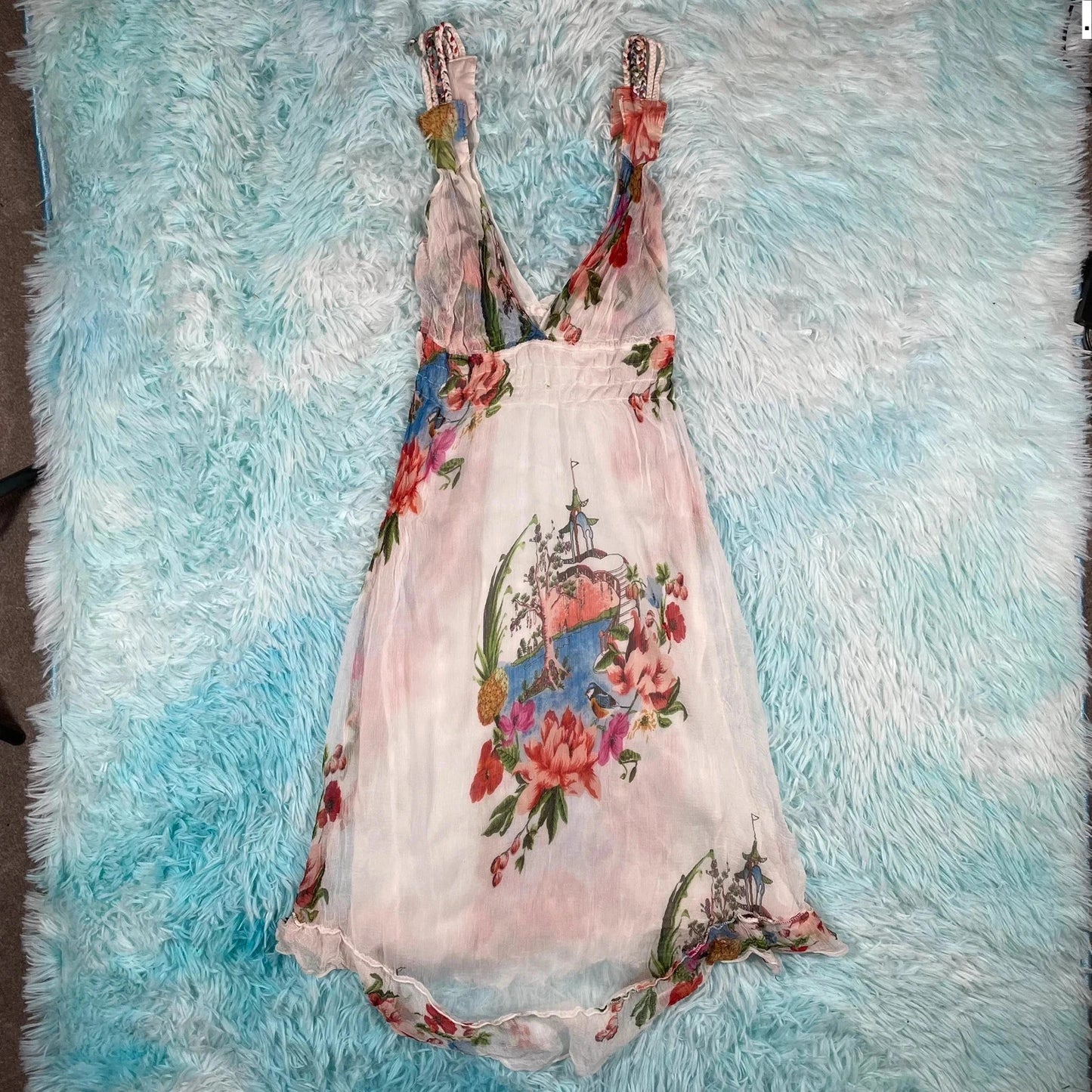 Vintage 90s white Patterned Silk Summer Dress