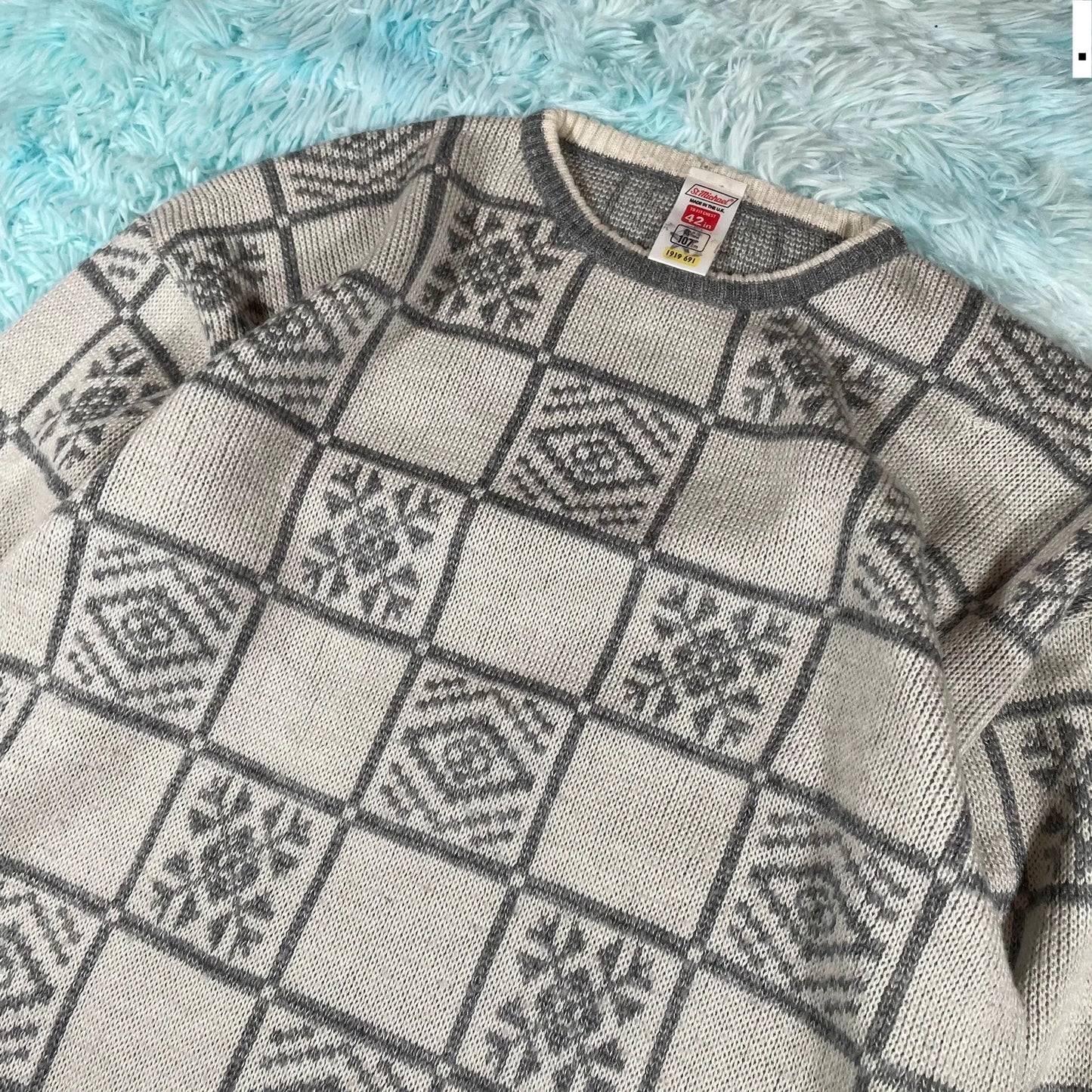 Vintage 90s Grey & Cream Grunge Patterned Knitted Jumper - Large