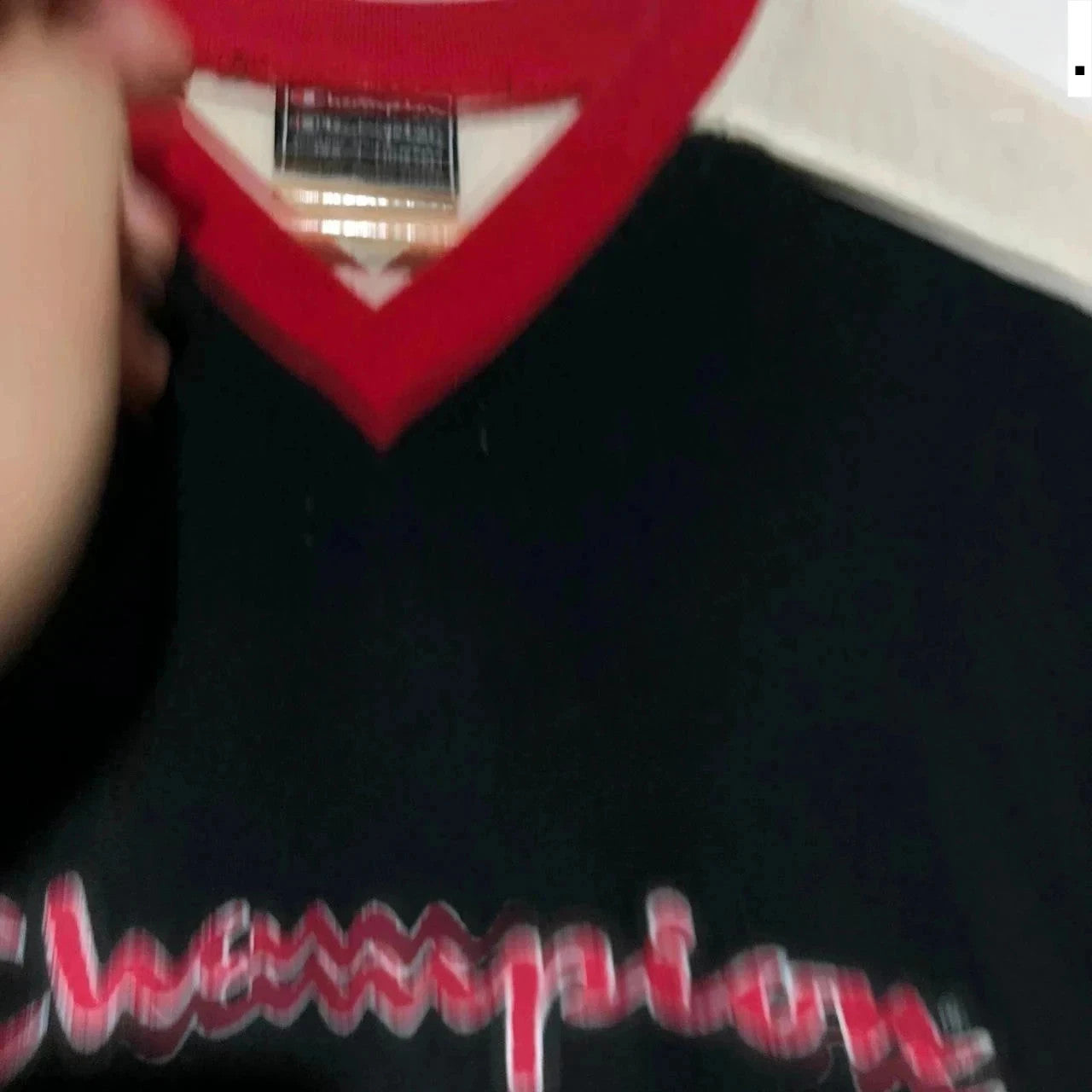 Vintage Black Champion V Neck T Shirt Spellout - XS