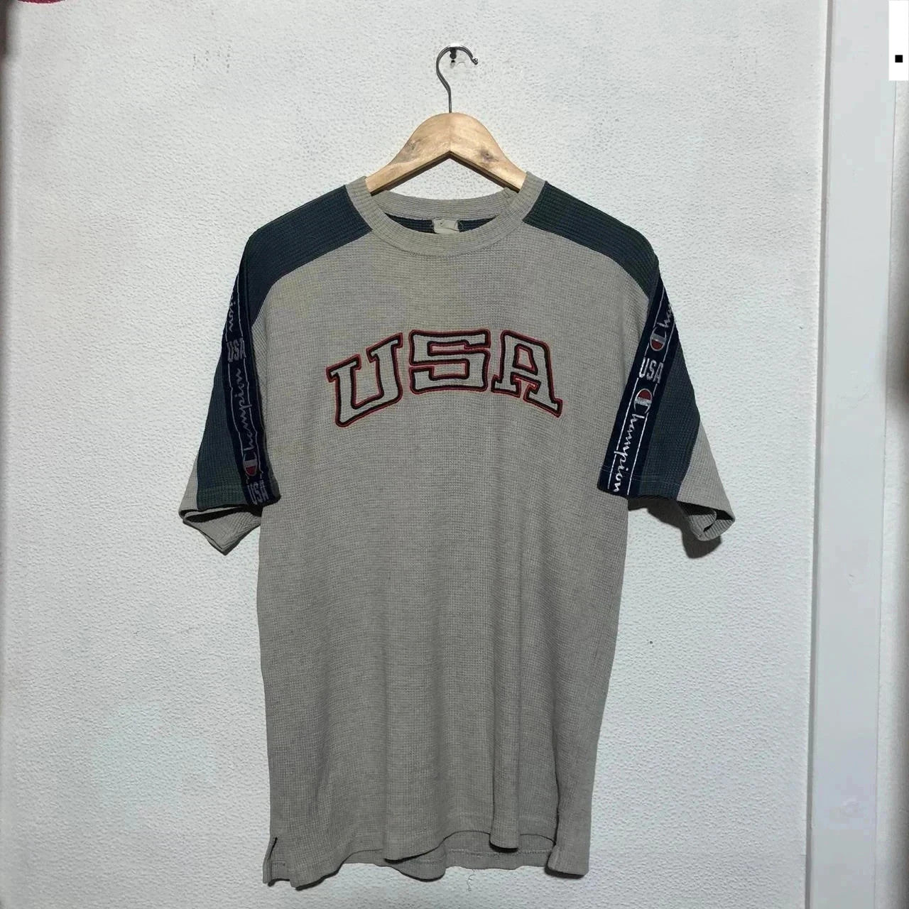 Vintage 90s Grey Champion Waffle Knit USA T Shirt - Small