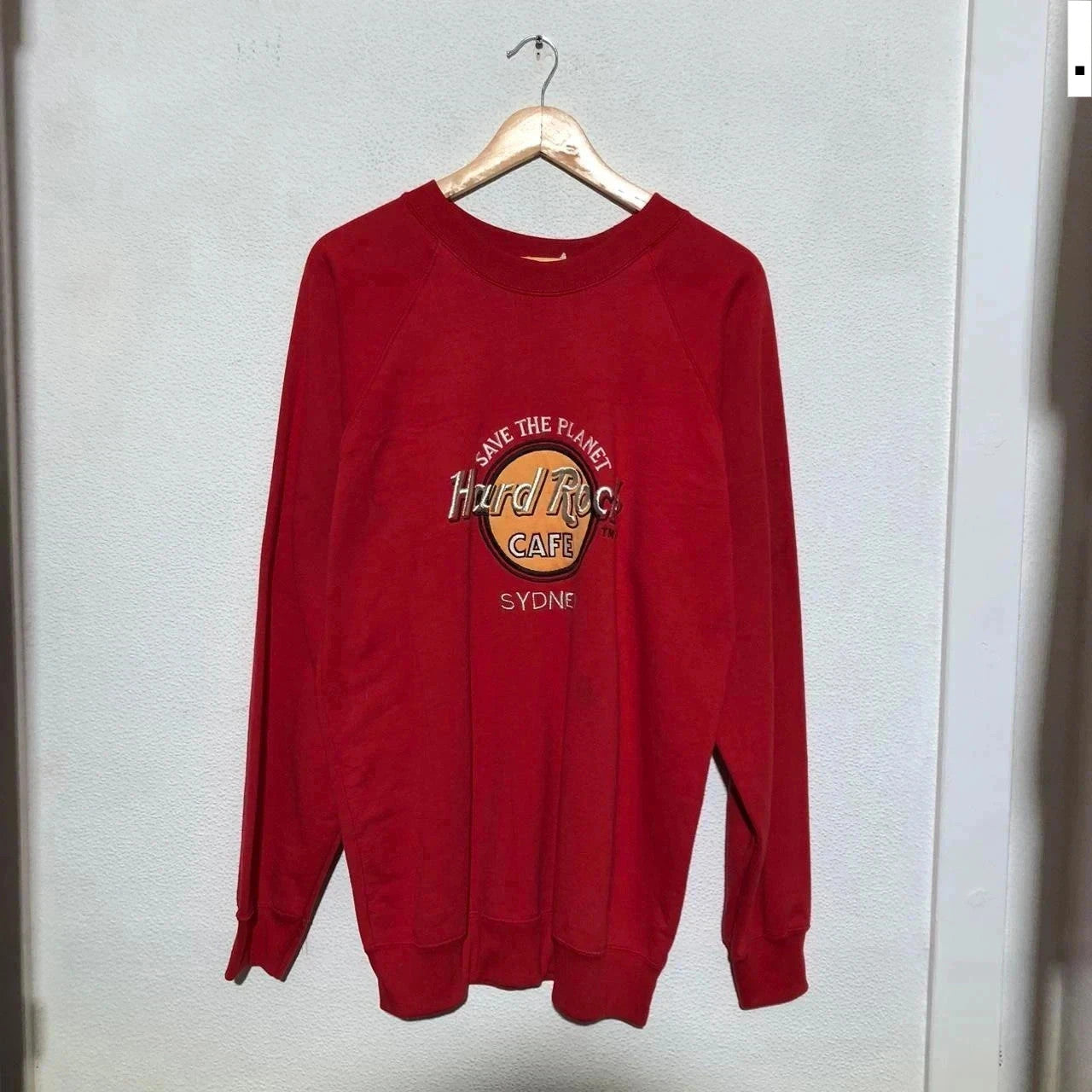 Vintage 90s Red Hard Rock Cafe Sweatshirt Embroidered Spellout - XL