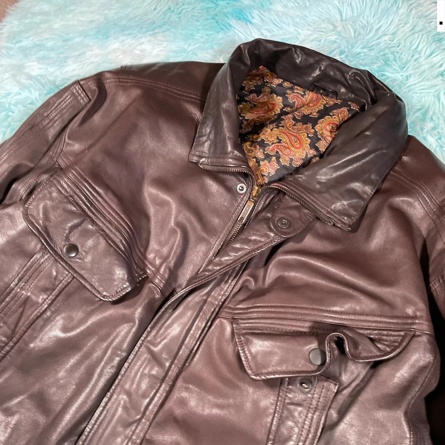 Vintage 90s Brown Leather Jacket Paisley Lining - Small