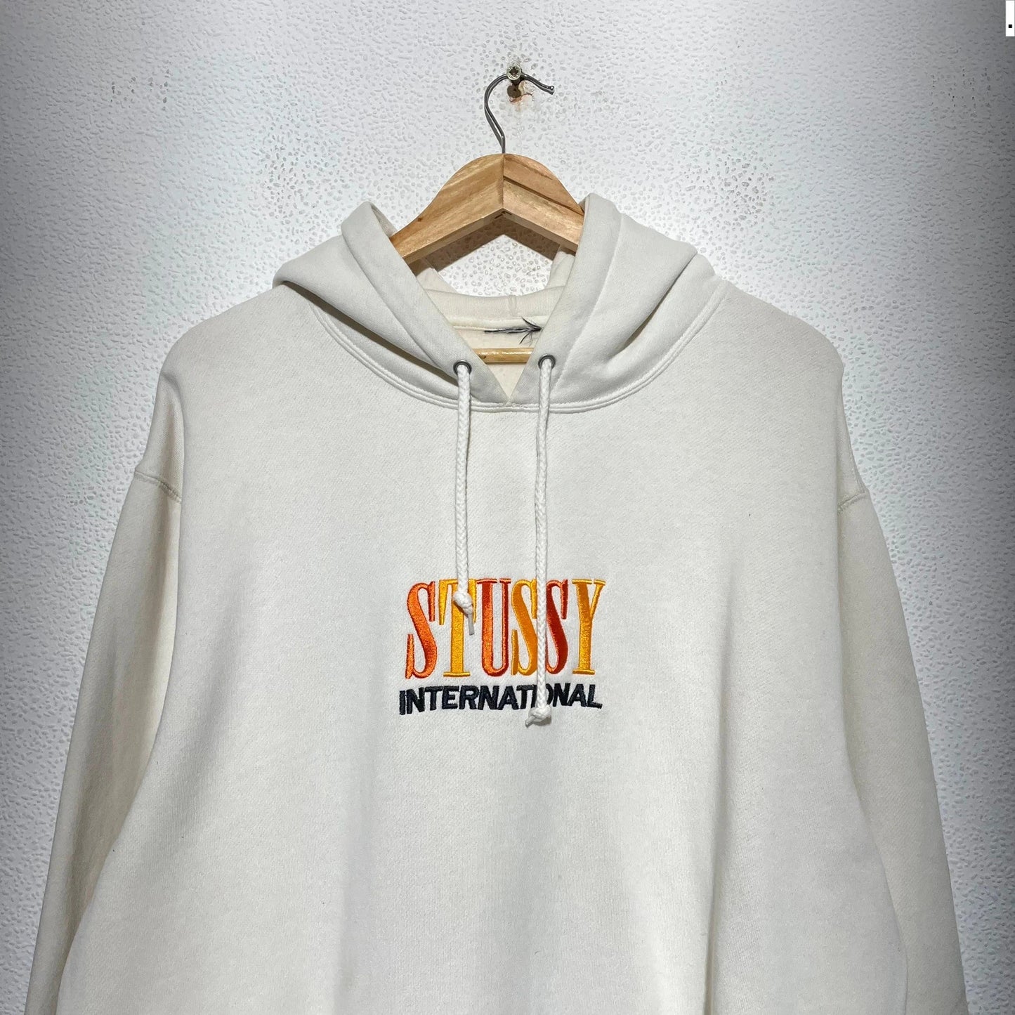 Cream White Stussy Hoodie Spellout - XL