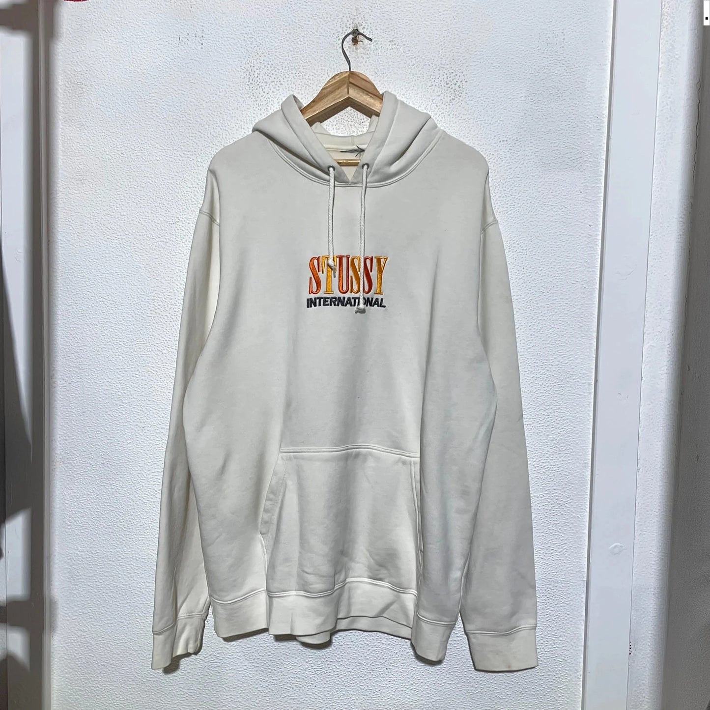 Cream White Stussy Hoodie Spellout - XL