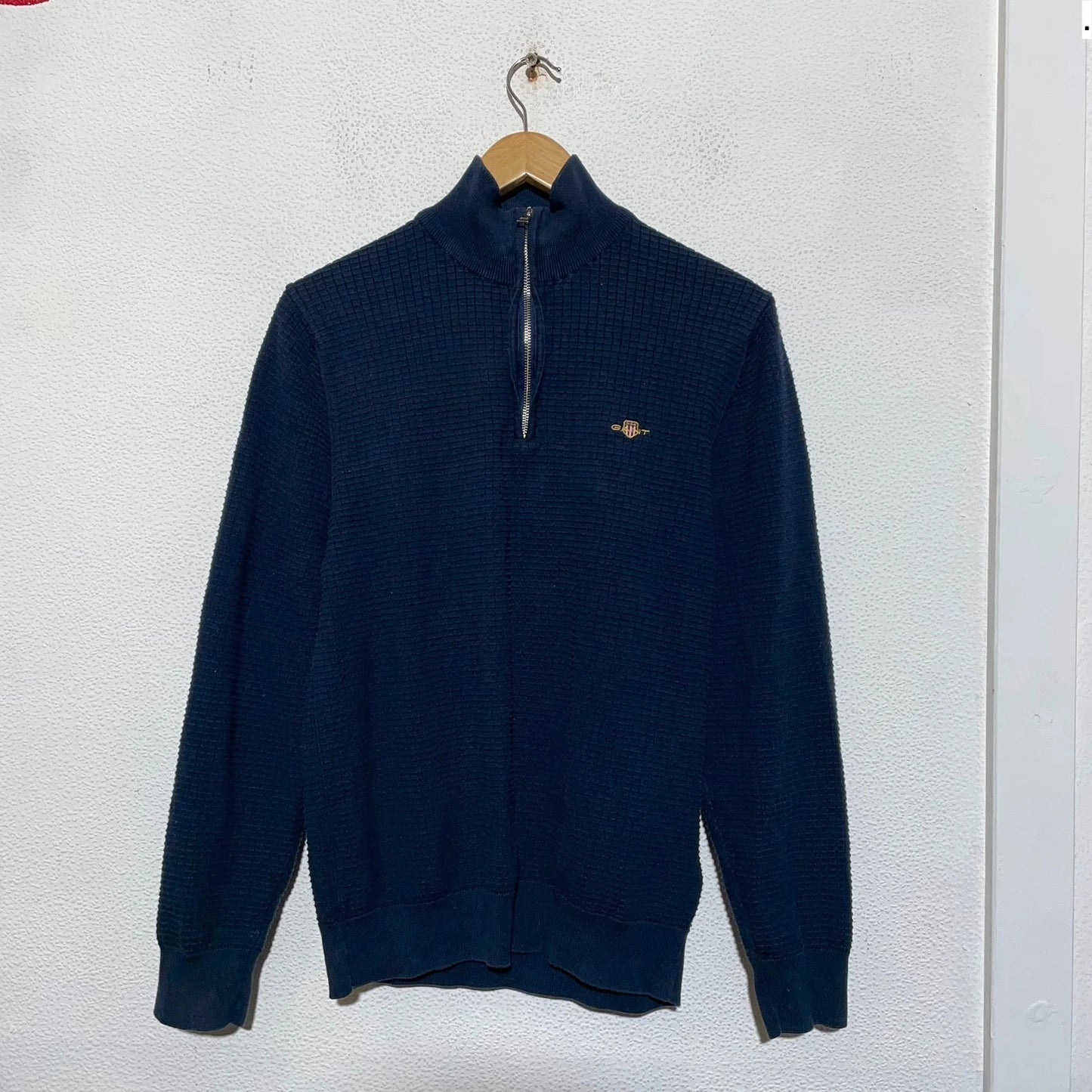 Navy Gant 1/4 Zip Sweatshirt Waffle Knit - Medium