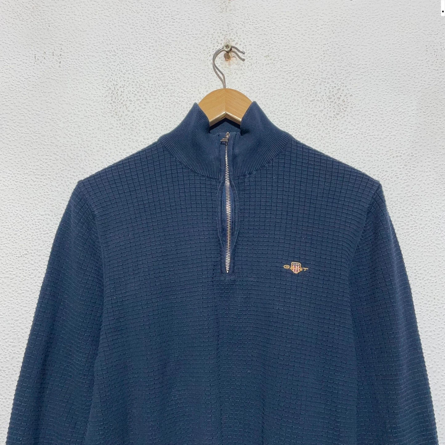 Navy Gant 1/4 Zip Sweatshirt Waffle Knit - Medium