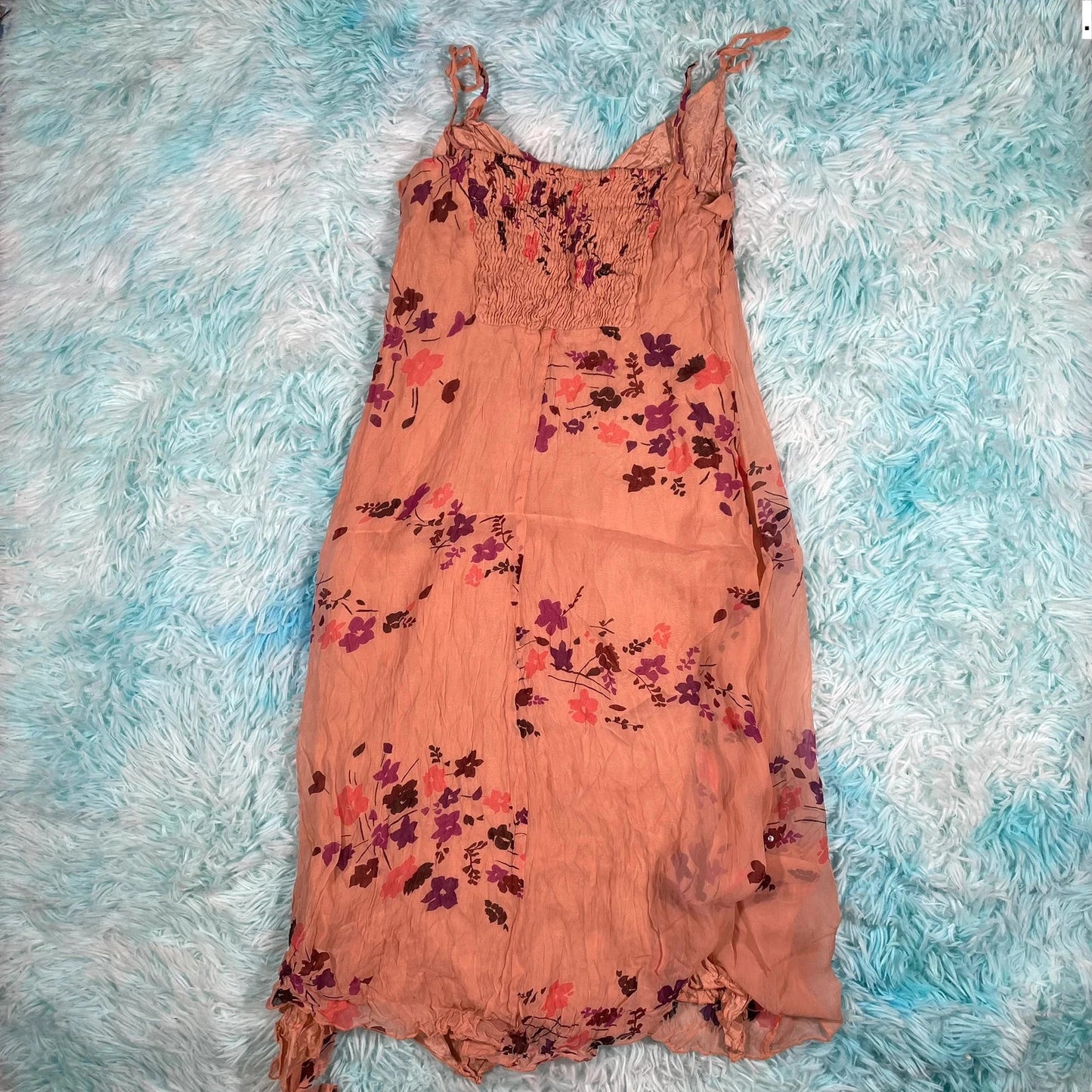 Vintage Peach Floral Summer Dress - Size 12