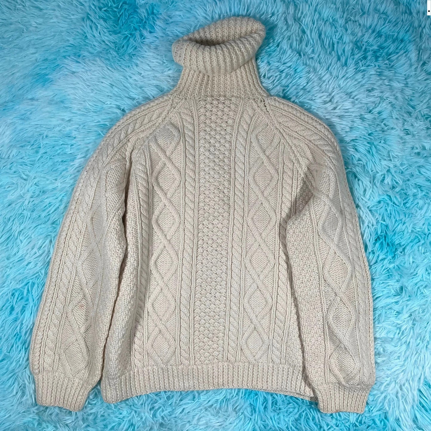 Vintage Cream Turtleneck Arran Knit Jumper - Small