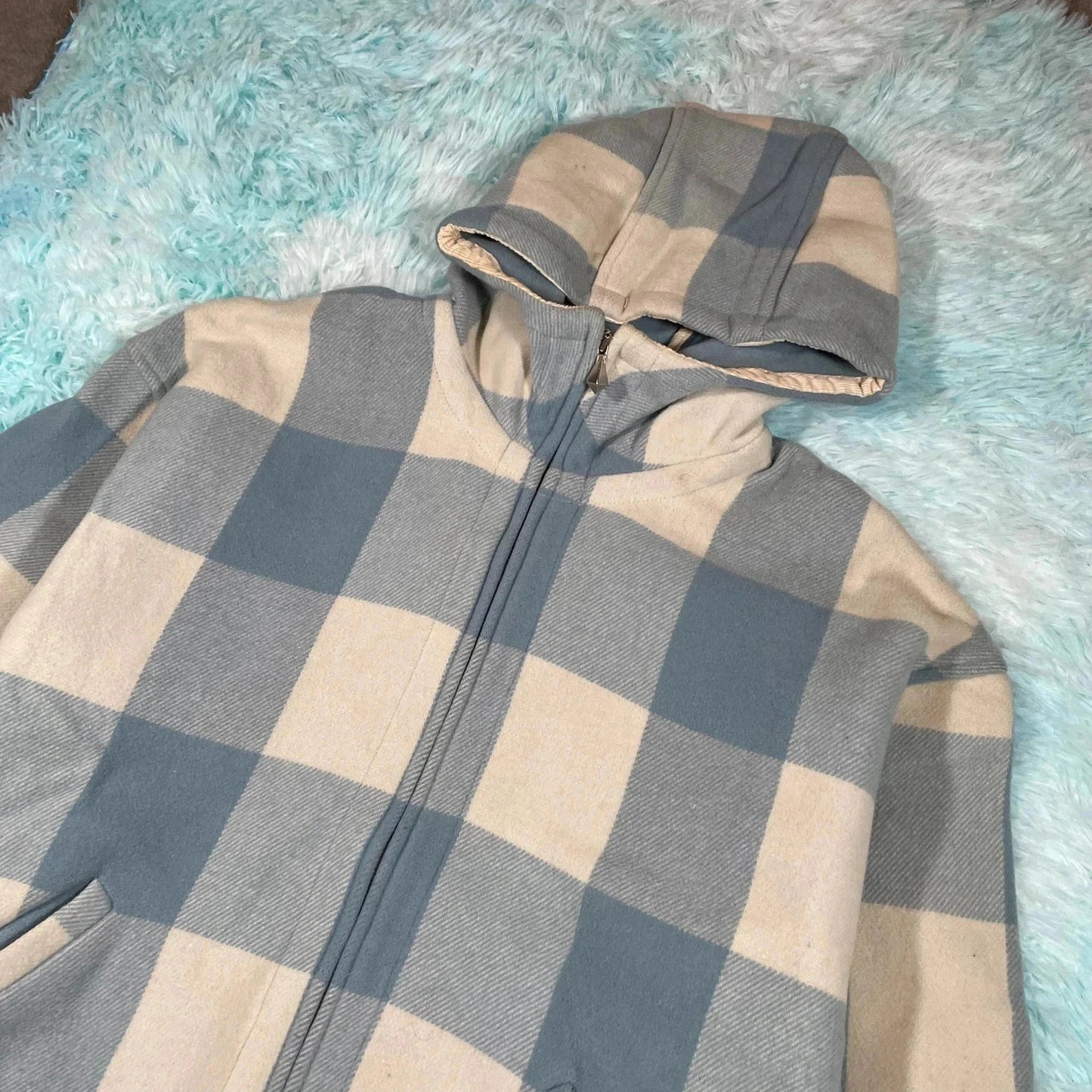 Vintage 90s Blue & White Benetton Coat Wool Checked - XL