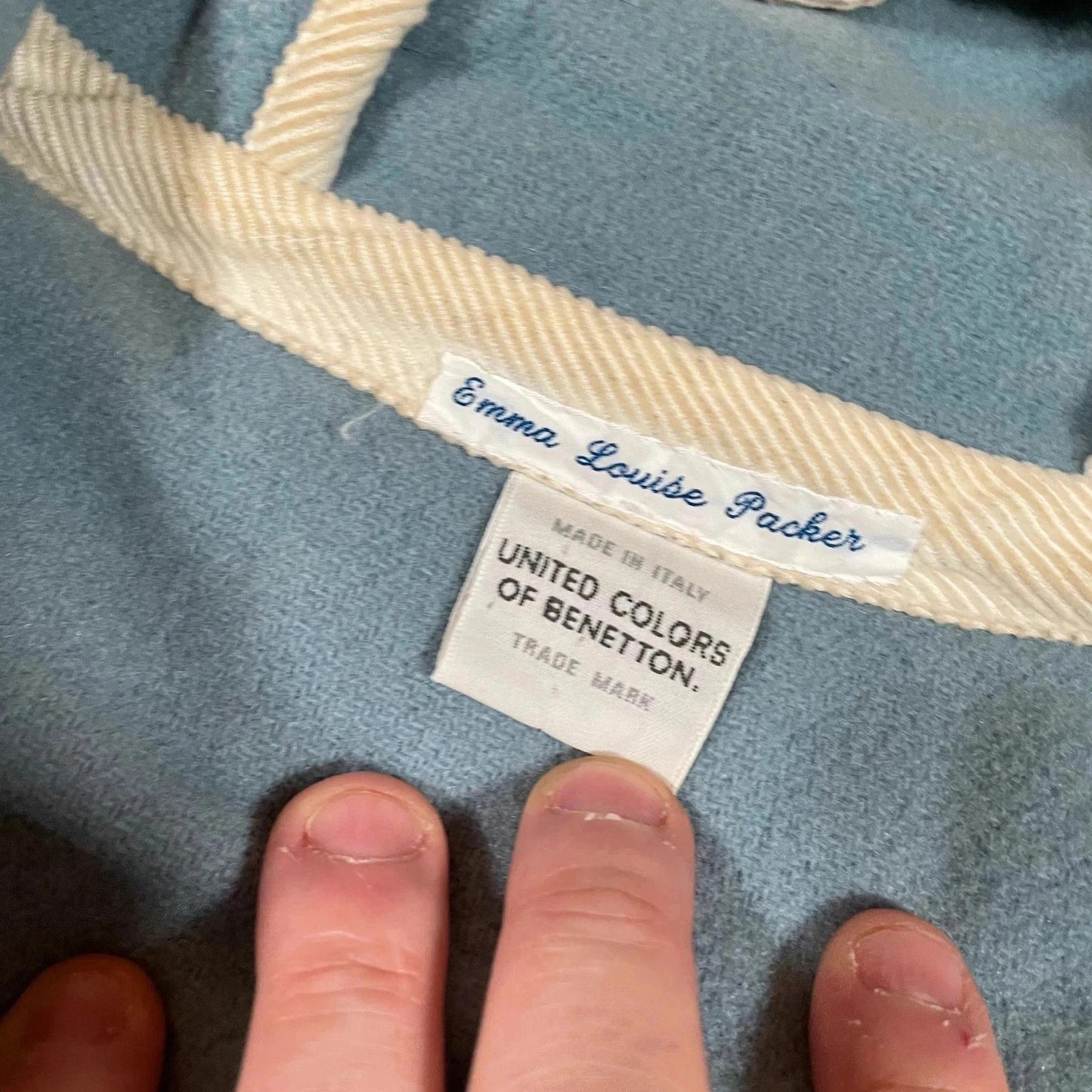 Vintage 90s Blue & White Benetton Coat Wool Checked - XL