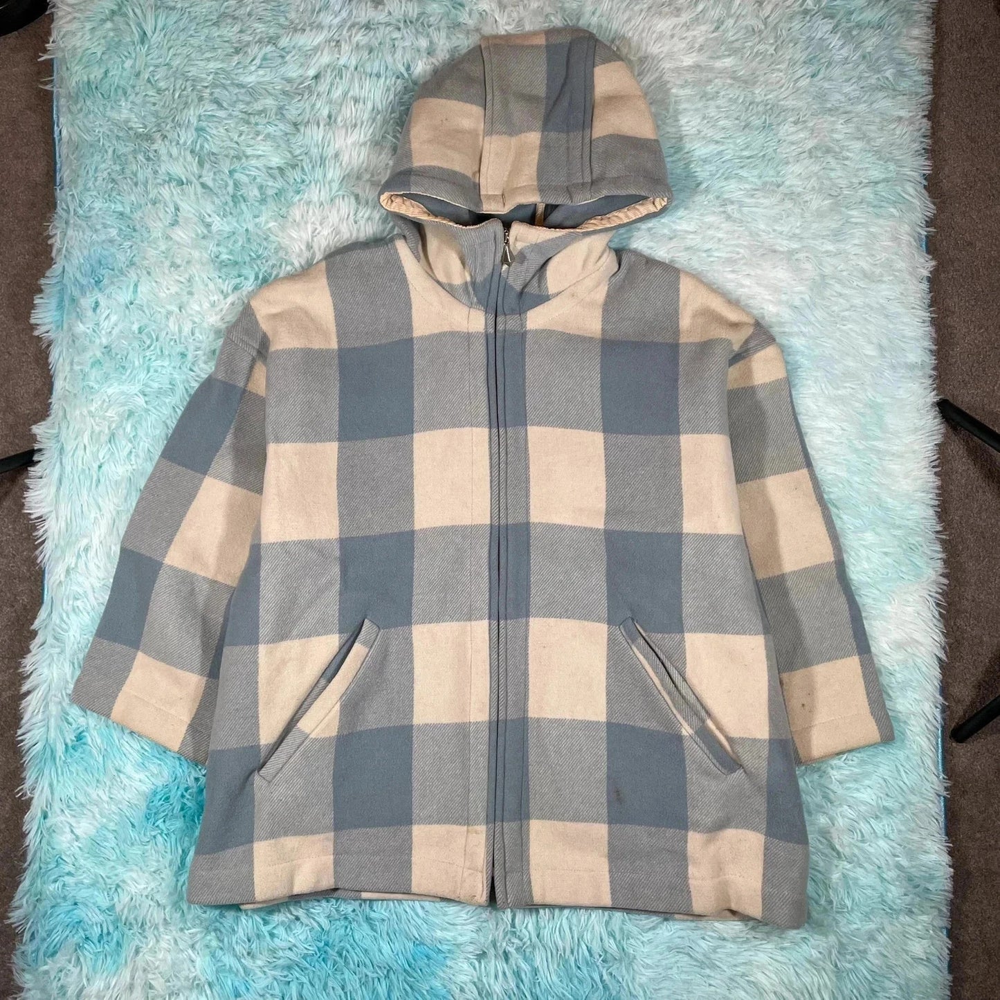 Vintage 90s Blue & White Benetton Coat Wool Checked - XL