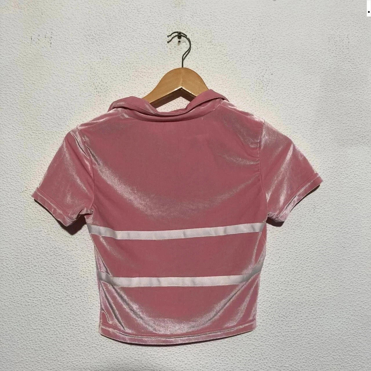 Vintage Y2K Pink Velour Collard Crop Top - Small