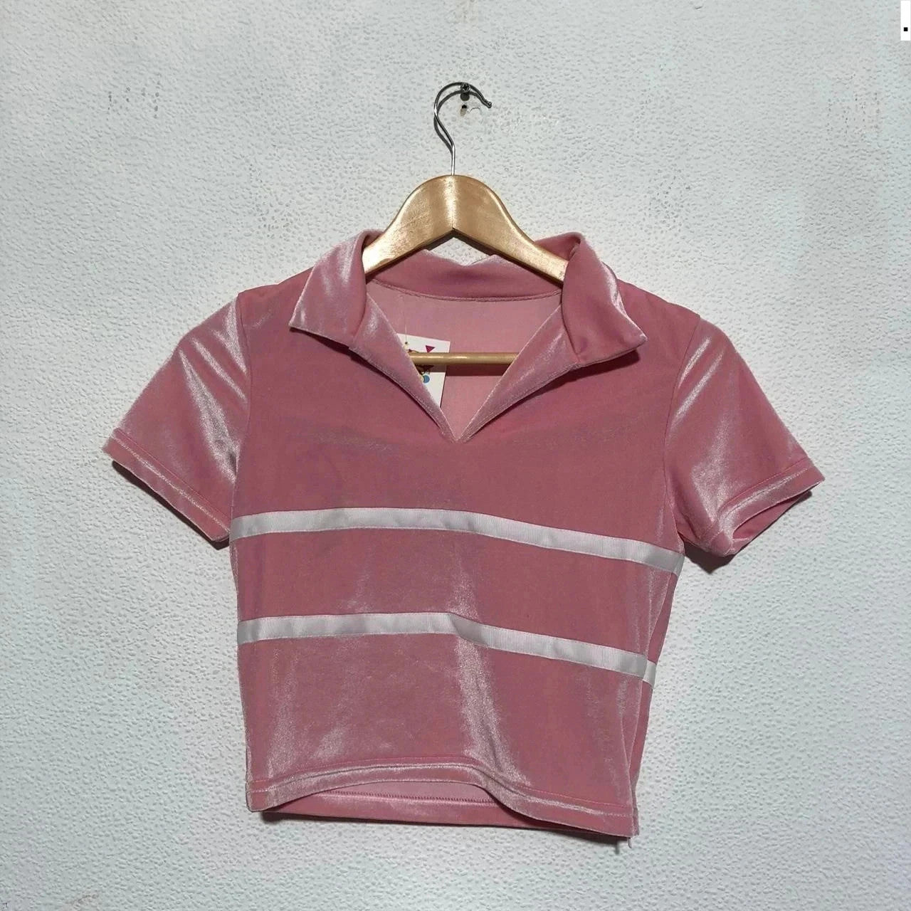 Vintage Y2K Pink Velour Collard Crop Top - Small