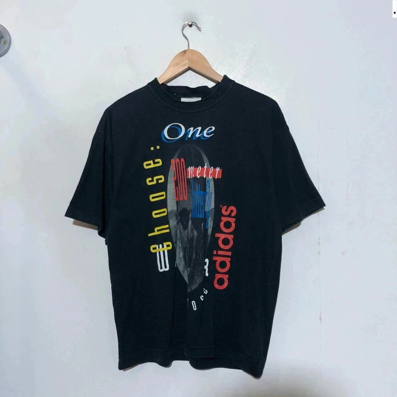 Vintage 90s Black Adidas Swimming Graphic T Shirt 200m Butterfly - Medium
