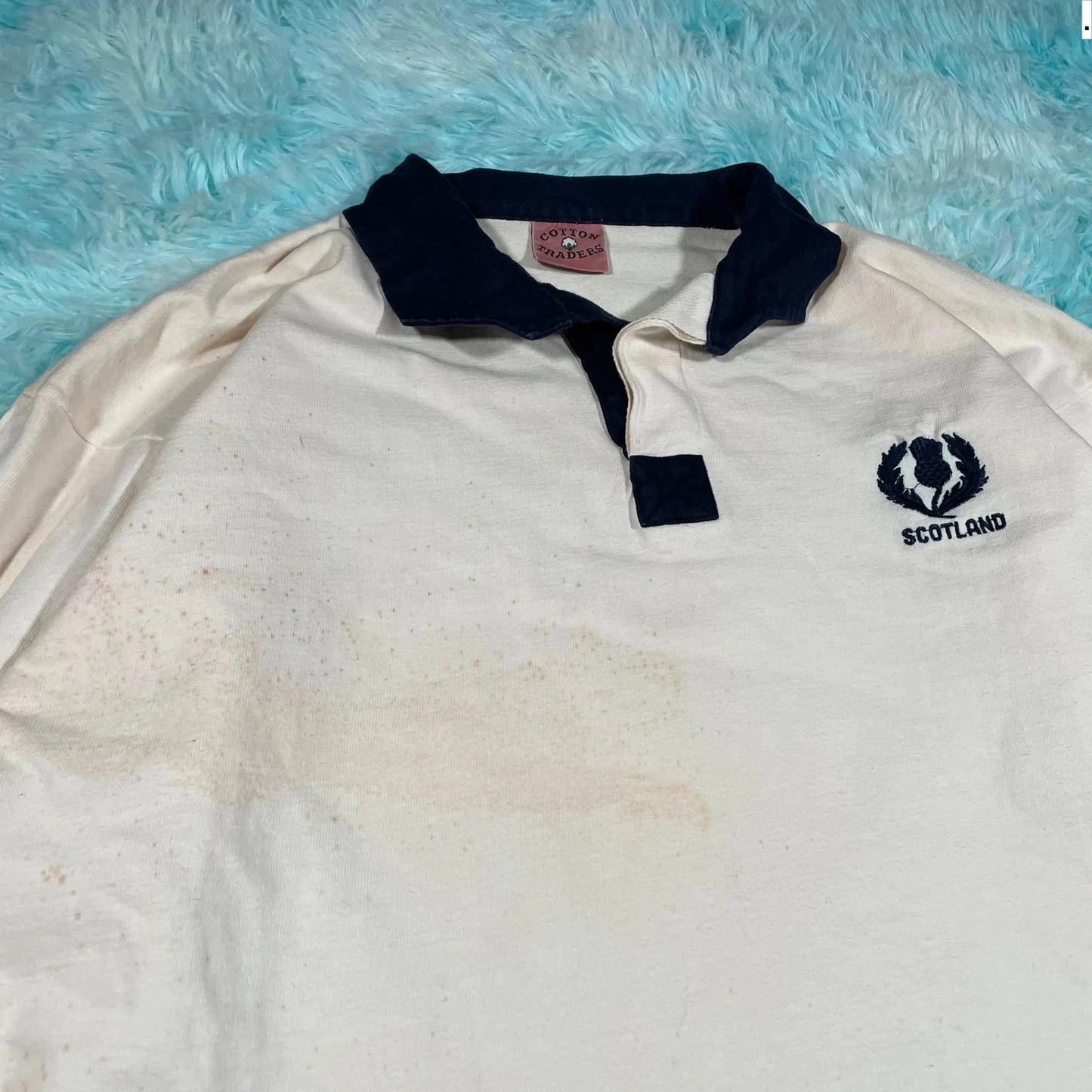 Vintage 80s White Scotland Rugby Shirt Cotton Traders - Large