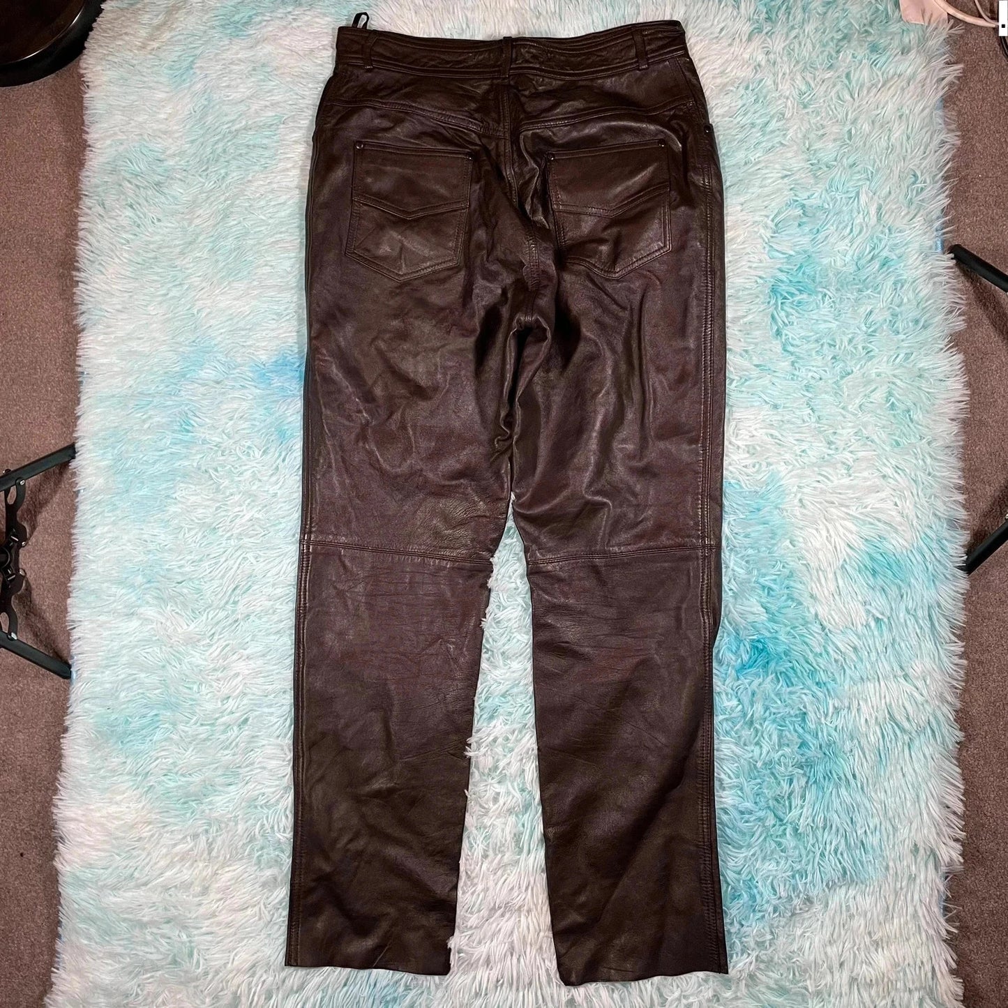 Dark Brown Leather Biker Trousers - Size 16