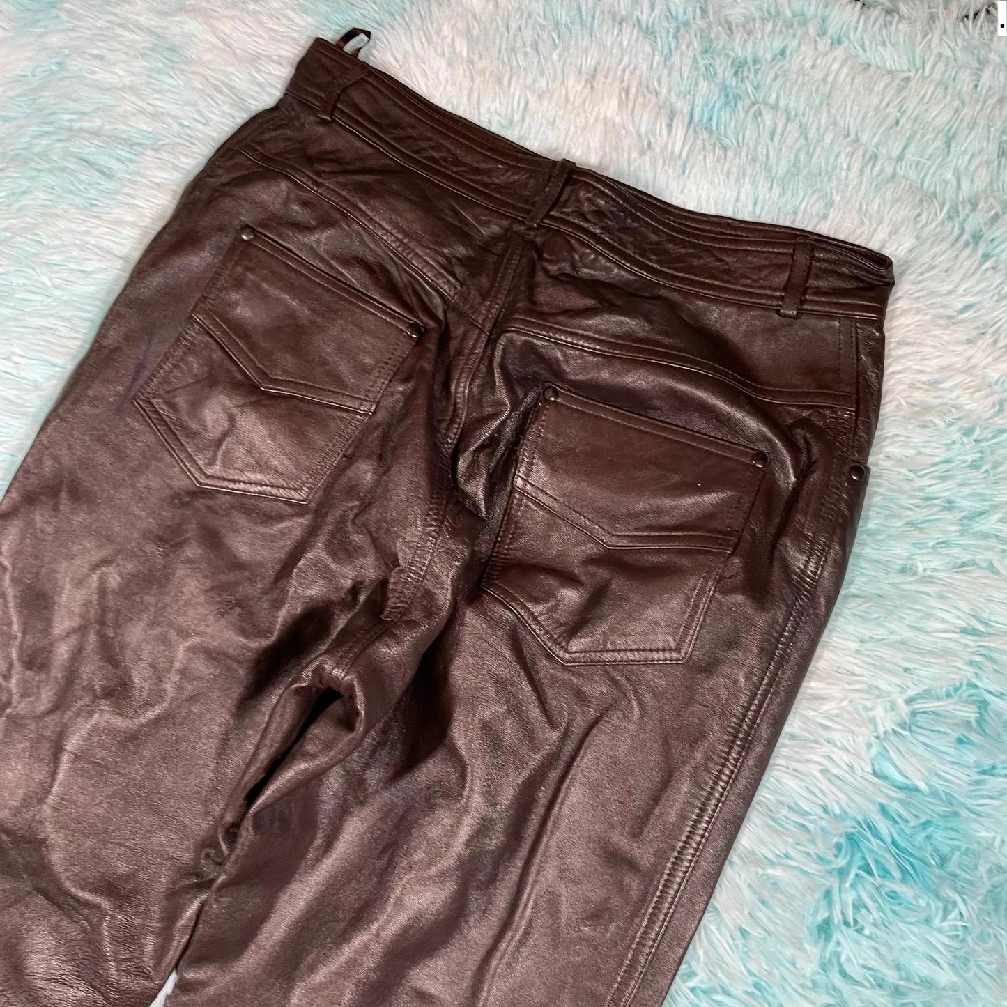 Dark Brown Leather Biker Trousers - Size 16
