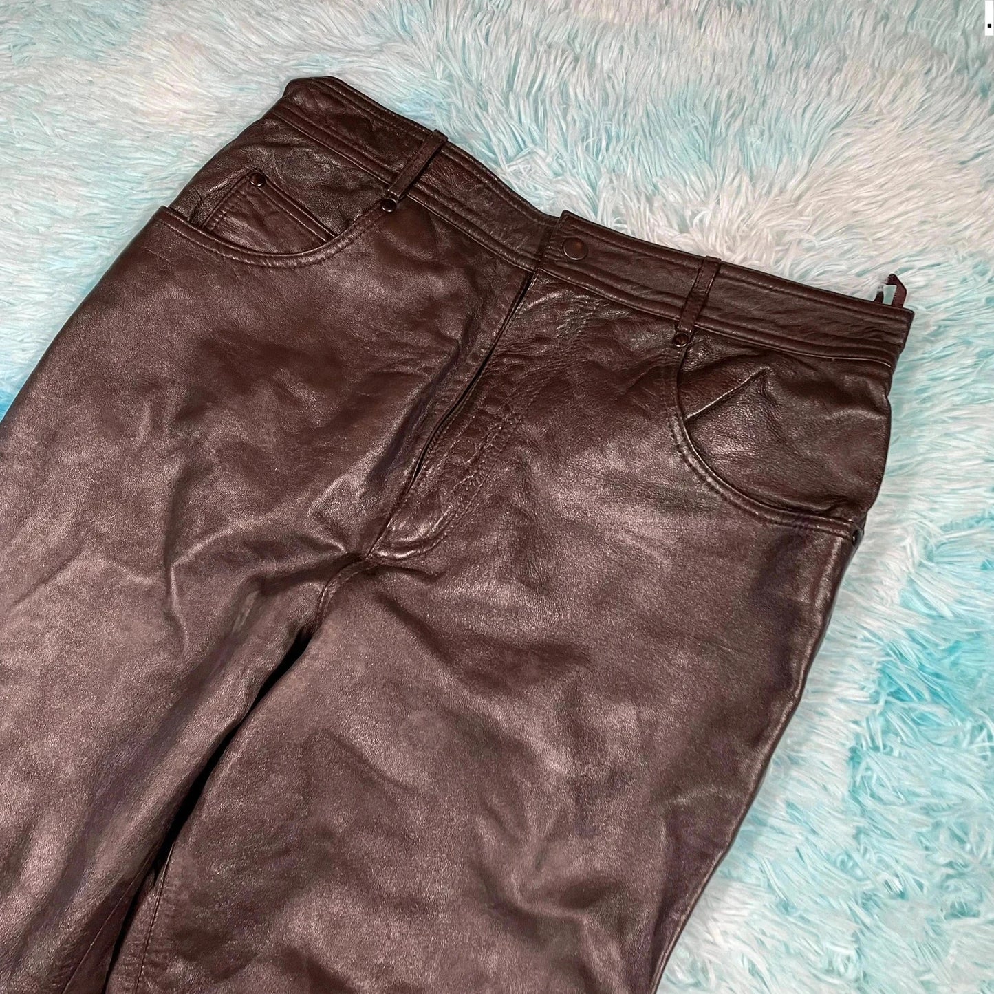 Dark Brown Leather Biker Trousers - Size 16