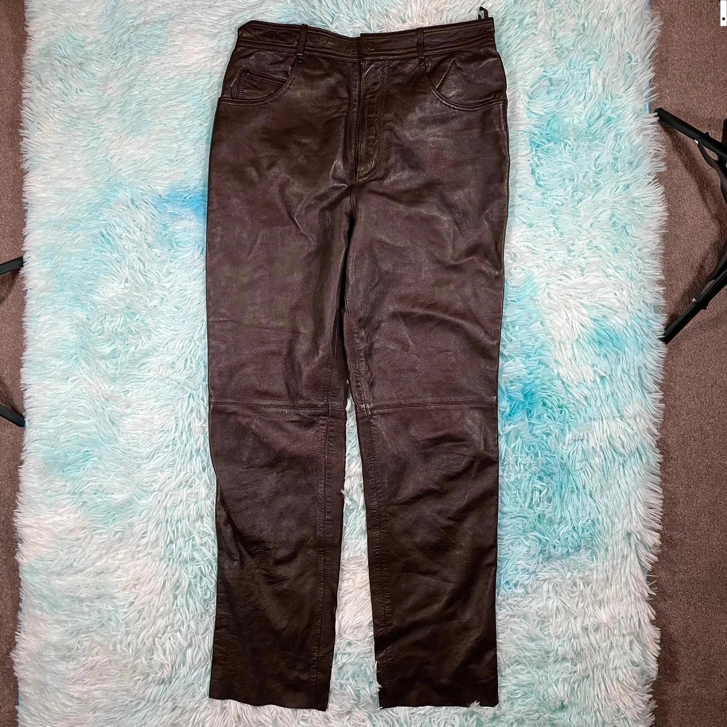 Dark Brown Leather Biker Trousers - Size 16