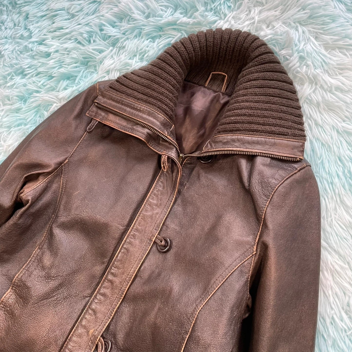 Vintage 00s Y2K Brown Leather Jacket Fitted - Size 12