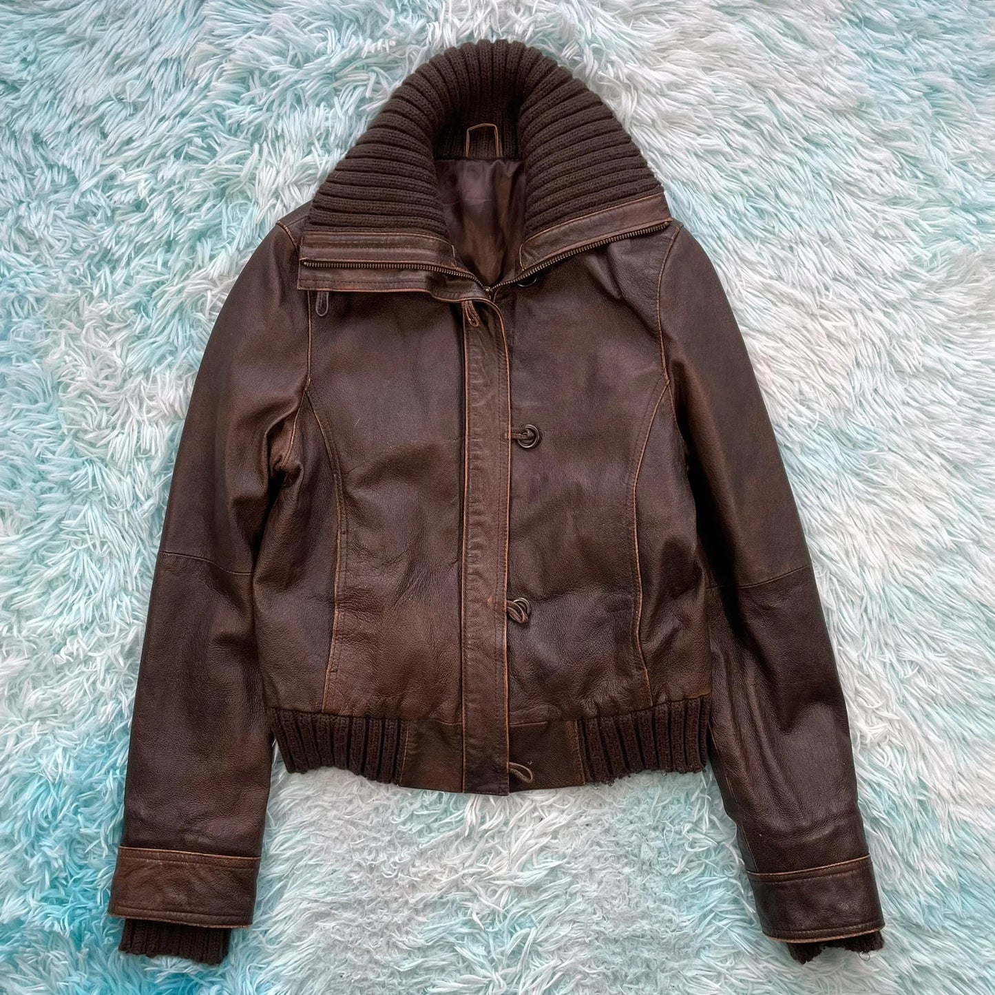 Vintage 00s Y2K Brown Leather Jacket Fitted - Size 12