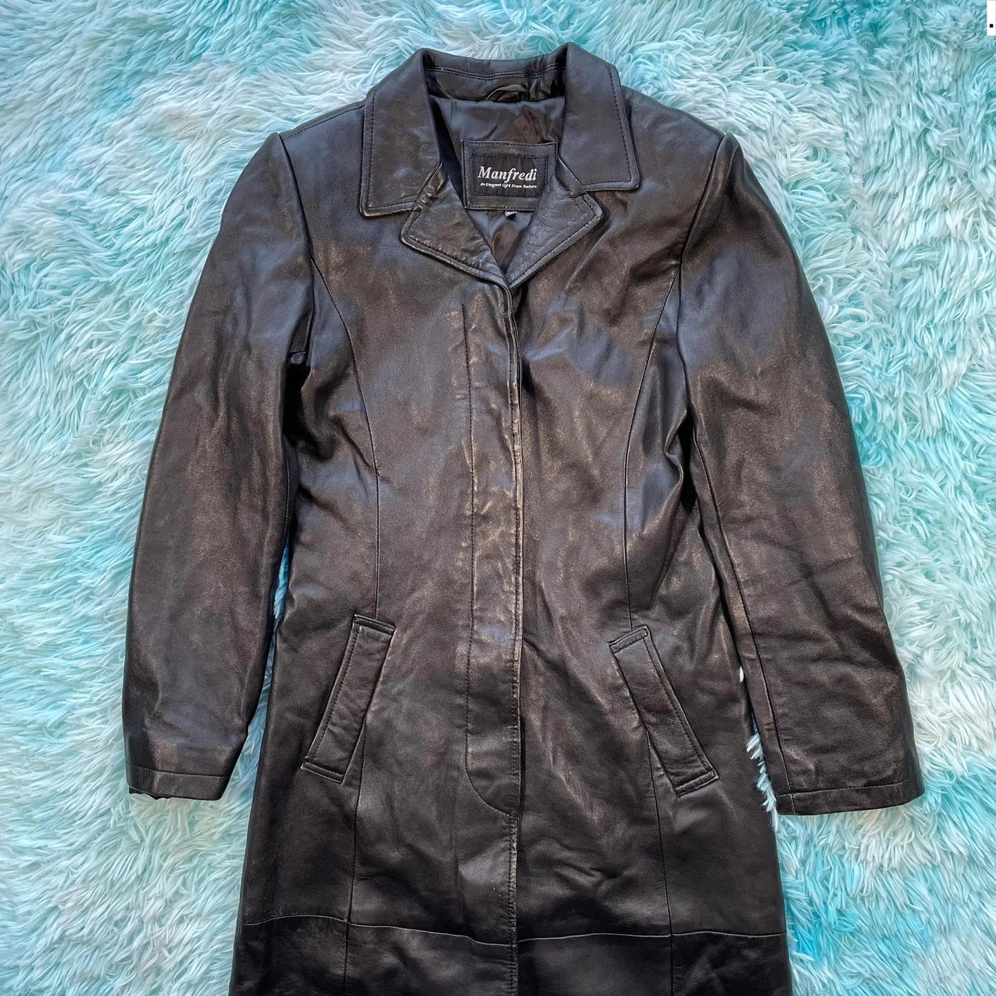 Vintage 90s Black Leather Duster Trench Coat - Medium