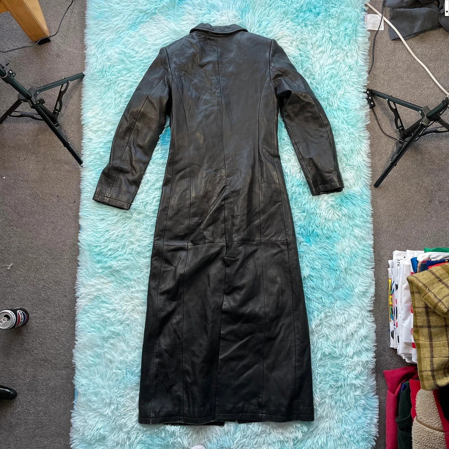 Vintage 90s Black Leather Duster Trench Coat - Medium